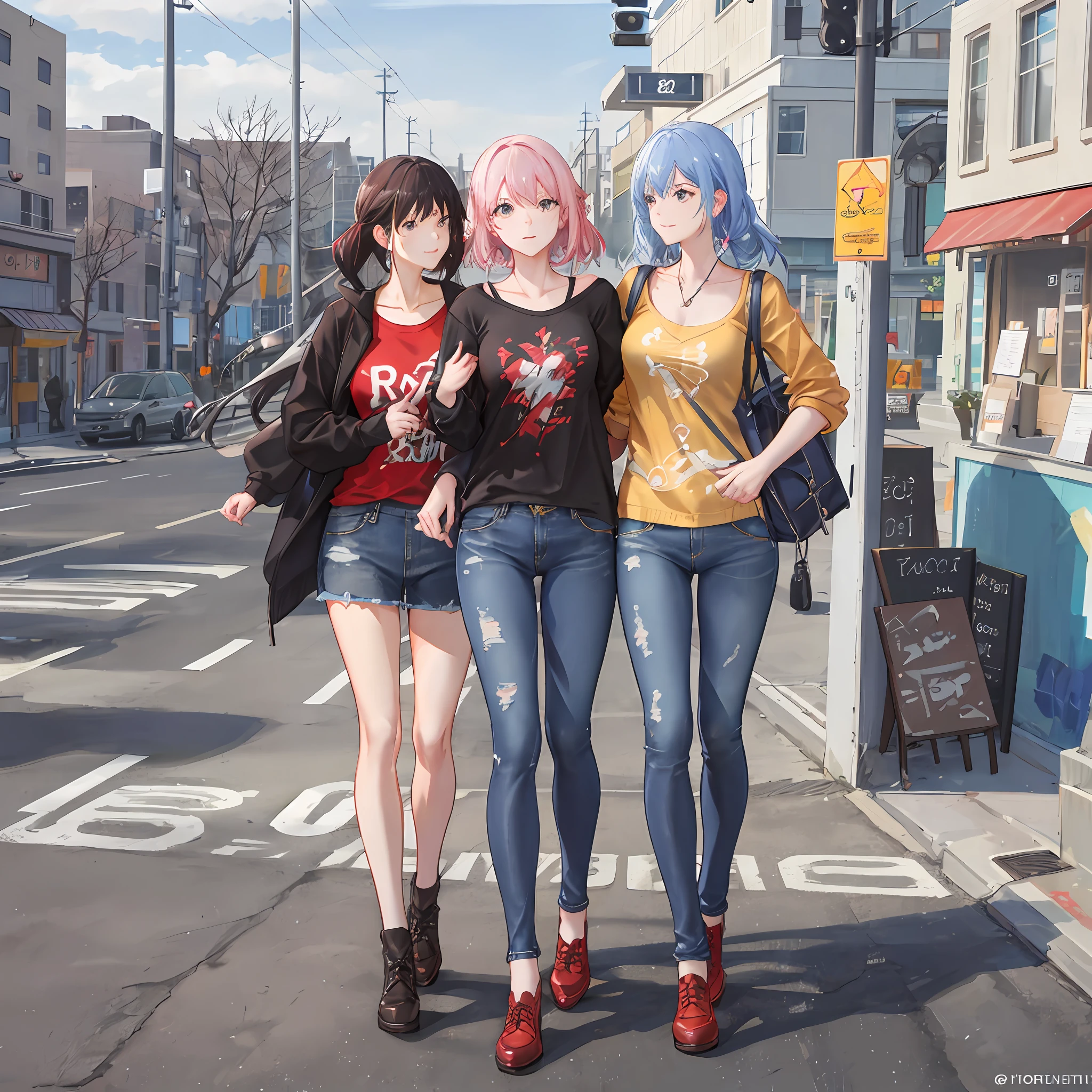 Create an image with the following description
- The image shows three people walking on a sidewalk in a suburban area, probably in the United States.
- The person on the left is a woman, she's wearing a patterned blouse and jeans, and she's carrying a bag.
- The person in the middle is a man, he is wearing a dark shirt and jeans.
- The person on the right is a woman, she is wearing a striped shirt and a denim skirt.
- The background consists of a tree, a building and a sign that says "Twin Lakes".
- The picture was taken on a sunny day, as shown by the shadow of people on the sidewalk.