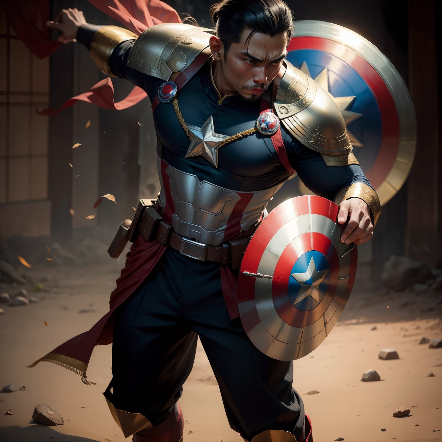 A Dramatic Javanese man as a captain America who wearing traditional Javanese clothing and using captain America uniform and bring captain America shield, cinematic, extreem realistic, extreem detailed, extreem Sharp, middle close-up shot, full body shot
