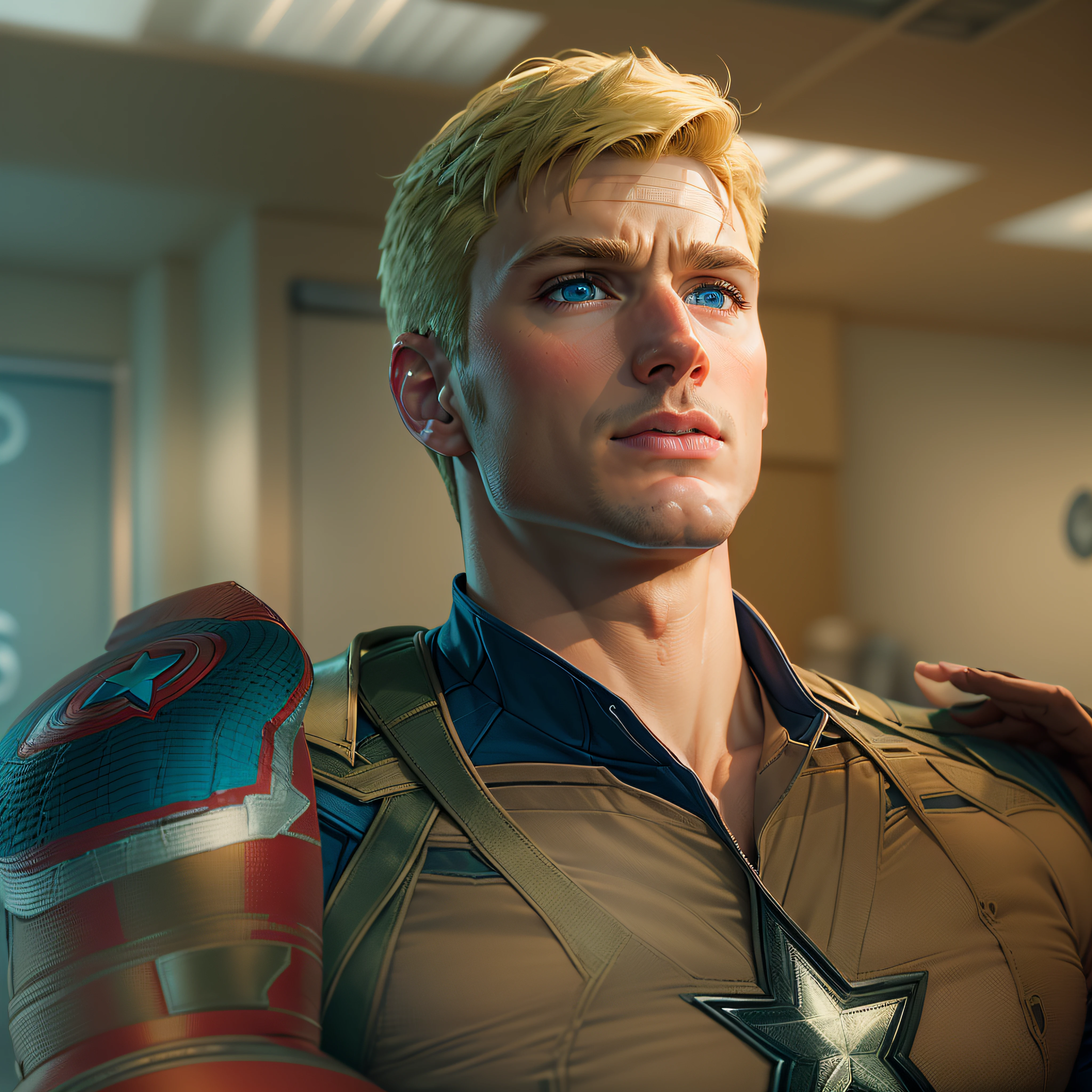 high quality, 1man, (((handsome blonde american Ken as Captain America dilf))), (((blue eyes))) (((in Avenger's training room))) (((no facial hair)))