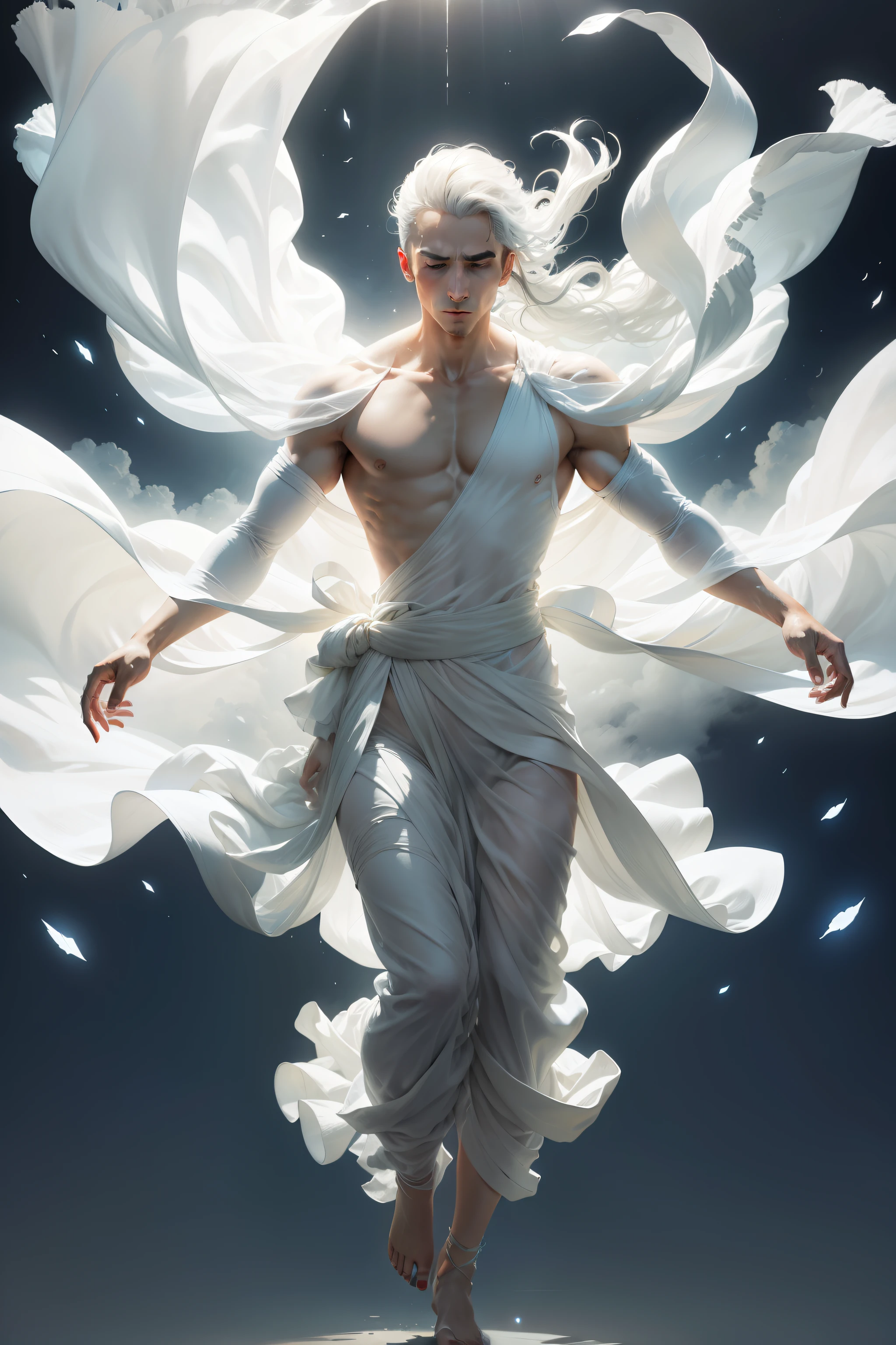 arafed man in white dress flying through the air, flowing fabric, flowing white robes, draped in flowing fabric, flowing realistic fabric, she is floating in the air, floating robes, inspired by Aleksander Gierymski, white cyborg fashion shot, dramatic floating pose, flowing gown, endless flowing ethereal drapery, covered in transparent cloth