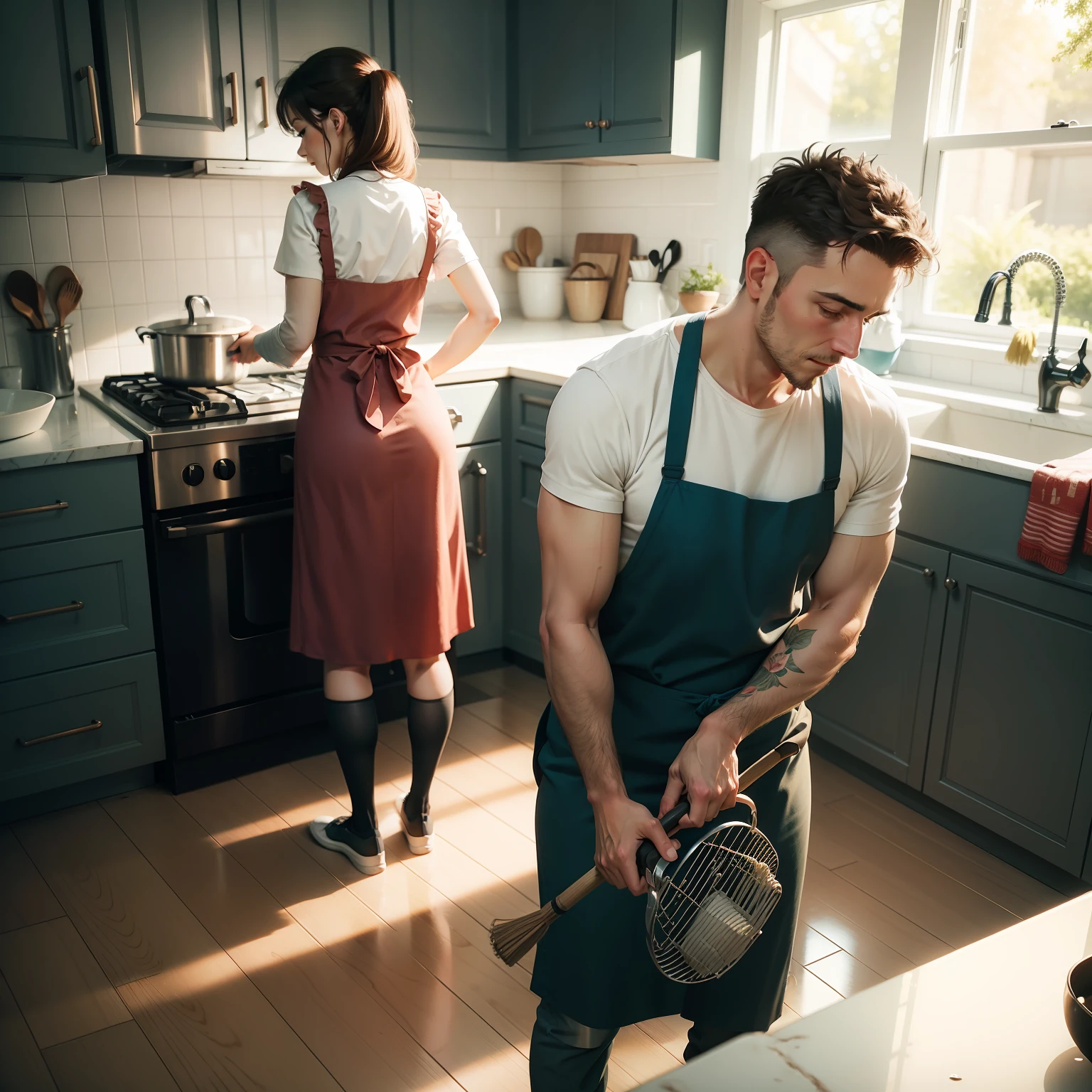 Husband sweeping the house and wife washing the dishes