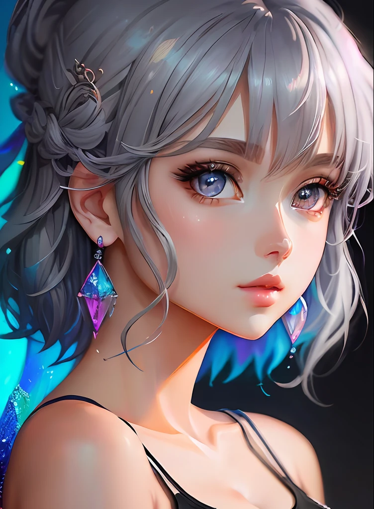 ((top-quality)), ((masterpiece)), ((realisitic)), (detaileds),animesque、anime styled、 (1人の女性)Earrings only accessories、Close up portrait of woman with gray hair color、Beautiful shining eyes, Like crystal clear glass、Tank Tops、Summer clothes、4K high-definition digital art、stunning digital illustration、Stunning 8K artwork、colorfull digital fantasy art、Colorful and bright、beautiful digital works of art、Colorful Digital Anime Art、Portrait of beautiful woman、8K HD Digital Wallpaper Art、 Gorgeous Digital Painting