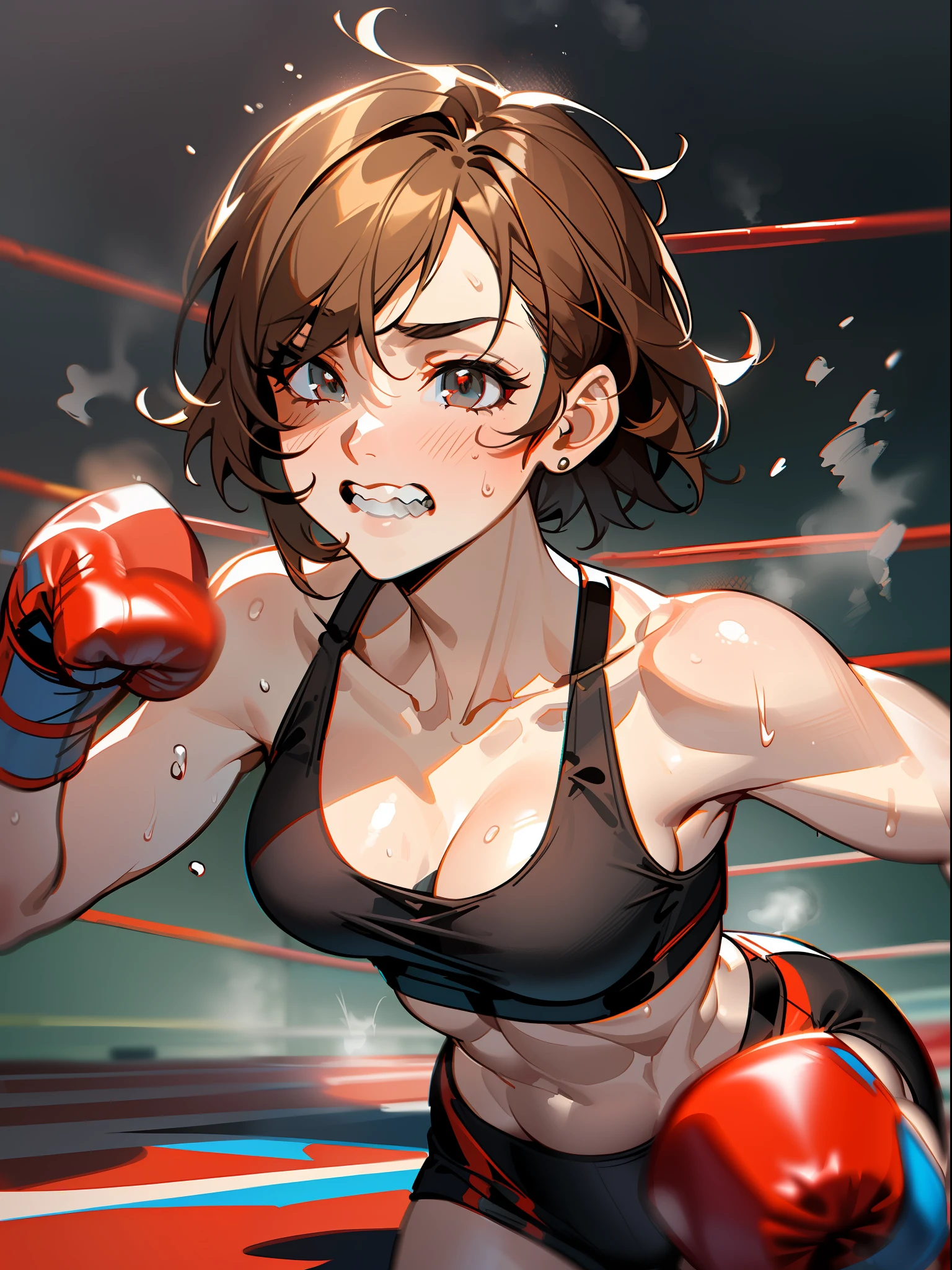 Short cropped brown hair,Female boxer,((Red Boxing Gloves)),((Black Sports Bra)),well-muscled,abdominals,Large woman,((all-fours)),Above the boxing ring,((I'm gritting my teeth)),Boxing matches,Sweat all over the body,steam,downtime,knockout,((One lady)),Looking away,all-fours,Close one eye