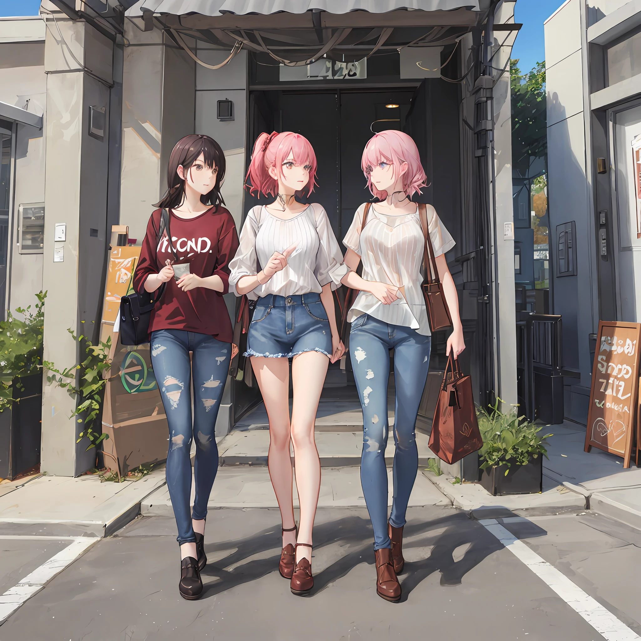 Create an image with the following description

 - The image shows three people walking on a sidewalk in a suburban area, probably in the United States.
 - The person on the left is a woman, she's wearing a patterned blouse and jeans, and she's carrying a bag.
 - The person in the middle is a man, he is wearing a dark shirt and jeans.
 - The person on the right is a woman, she is wearing a striped shirt and a denim skirt.
 - The background consists of a tree, a building and a sign that says "Twin Lakes".
 - The picture was taken on a sunny day, as shown by the shadow of people on the sidewalk.