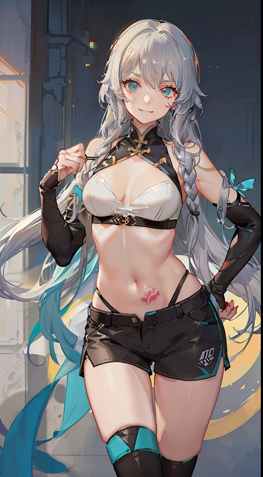 Adult woman, Gray hair in a long braid, golden eyes, sporty figure, Chinese turquoise top, Red Shorts, Tonfa, Tatoo, smirk, Masterpiece, hiquality