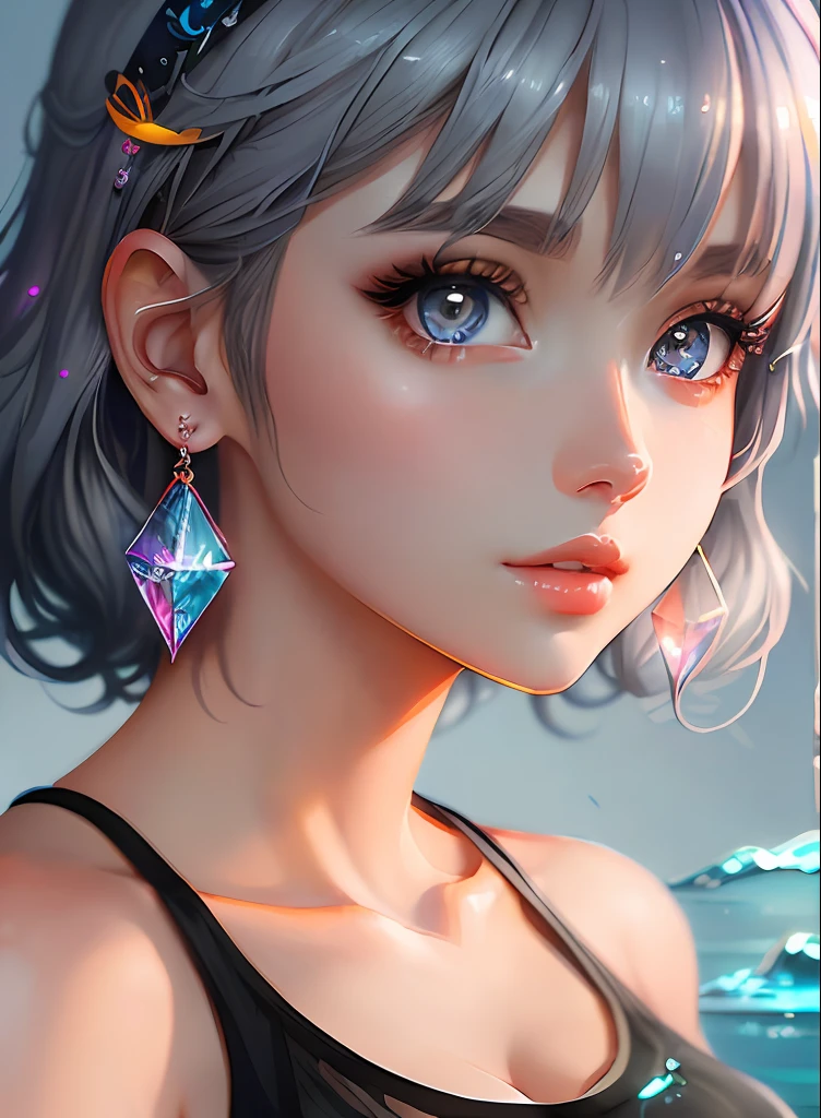 ((top-quality)), ((masterpiece)), ((realisitic)), (detaileds),animesque、anime styled、 (1人の女性)Earrings only accessories、Close up portrait of woman with gray hair color、Beautiful shining eyes, Like crystal clear glass、Tank Tops、Summer clothes、4K high-definition digital art、stunning digital illustration、Stunning 8K artwork、colorfull digital fantasy art、Colorful and bright、beautiful digital works of art、Colorful Digital Anime Art、Portrait of beautiful woman、8K HD Digital Wallpaper Art、 Gorgeous Digital Painting