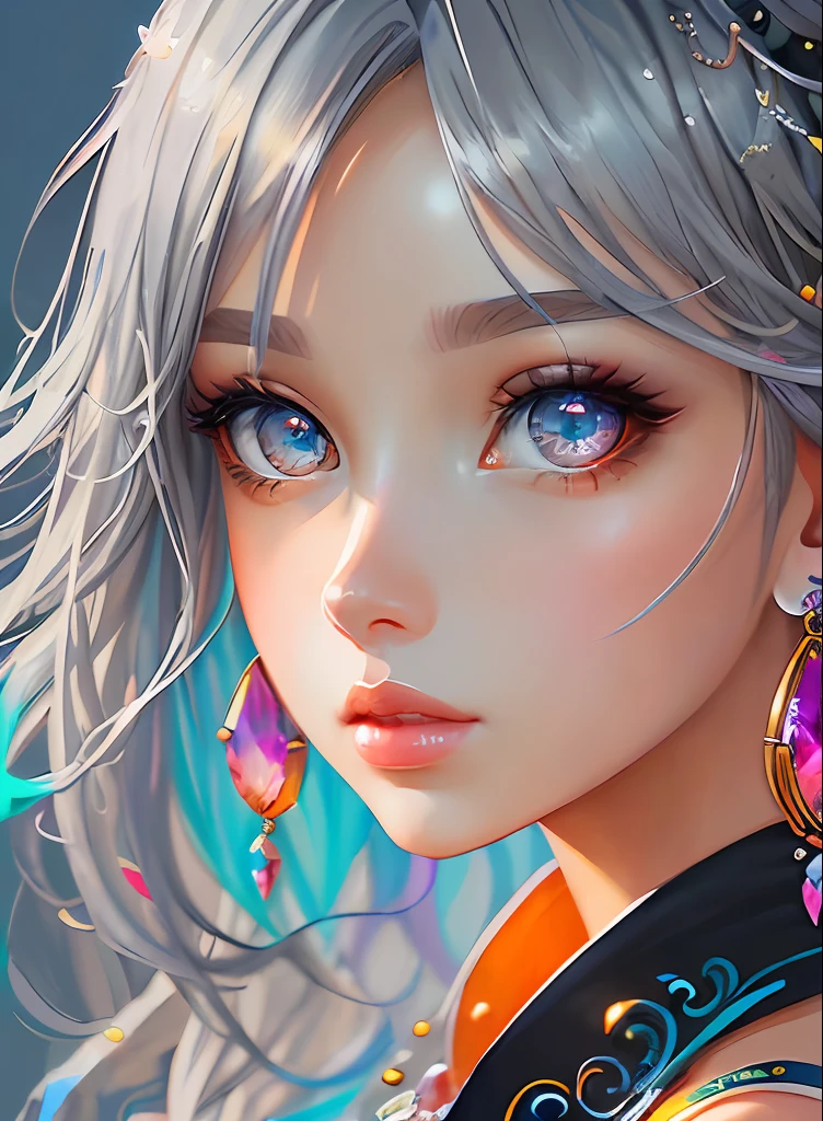 ((top-quality)), ((masterpiece)), ((realisitic)), (detaileds),animesque、anime styled、 (1人の女性)Earrings only accessories、Close up portrait of woman with gray hair color、Beautiful shining eyes, Like crystal clear glass、Tank Tops、Summer clothes、4K high-definition digital art、stunning digital illustration、Stunning 8K artwork、colorfull digital fantasy art、Colorful and bright、beautiful digital works of art、Colorful Digital Anime Art、Portrait of beautiful woman、8K HD Digital Wallpaper Art、 Gorgeous Digital Painting