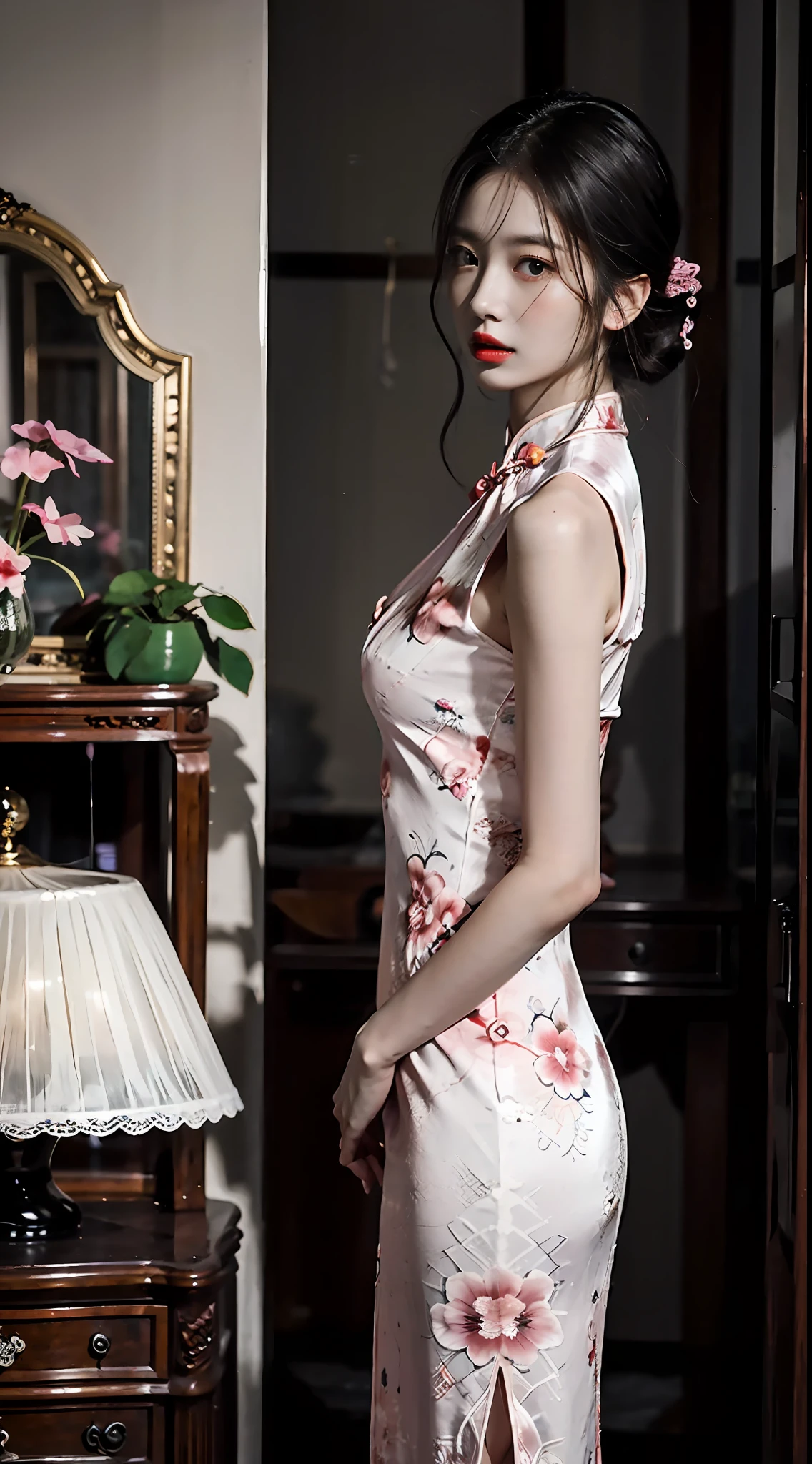 Lonely and lonely，Woman in pink cheongsam，She wears lipstick，There was darkness all around，Atmosphere at night，Full of Chinese atmosphere，She missed her lover，Deeply enveloped in sadness，Write brush words，The picture is HD，A masterpiece。