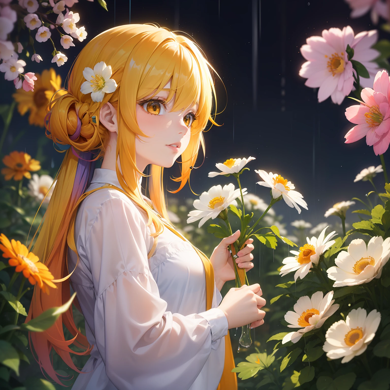 watercolor paiting(Beautifully Aesthetic:1.2)、(1girl in:1.3)、(colourful hair、Half orange and half yellow hair:1.2)、Eau、liquids、natta、colourfull、Orange and yellow anemone flowers bloom around、Anemone blooming on the hair、natta、beautiful night、starrysky、rain is falling、Sateen、Fantastic night