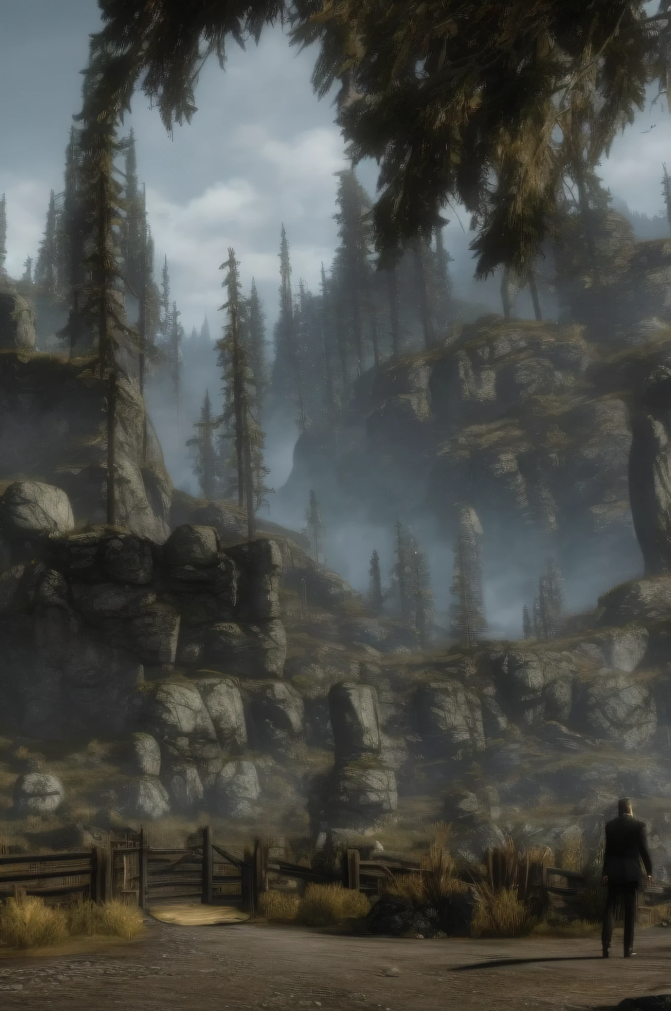 A lawyer in a ((black suit)) and ((round shades)) stands at the gates of Skyrim, 8k ultra-realistic, high-definition, wallpaper, dramatic, sharp, cinematic, blockbuster movie