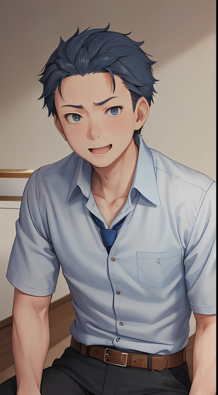 (1 Adult male),A high resolution, Sharp focus, Pixiv masterpiece, ((Complicated details)), highly detailed, natsuki_subaru, 1 man, Teasing laughter,full bodyesbian,sit astride, blue colored eyes(eyes glowing), blue short hair,white shirt,Wear a tie,Wear a belt,perspire,look from down