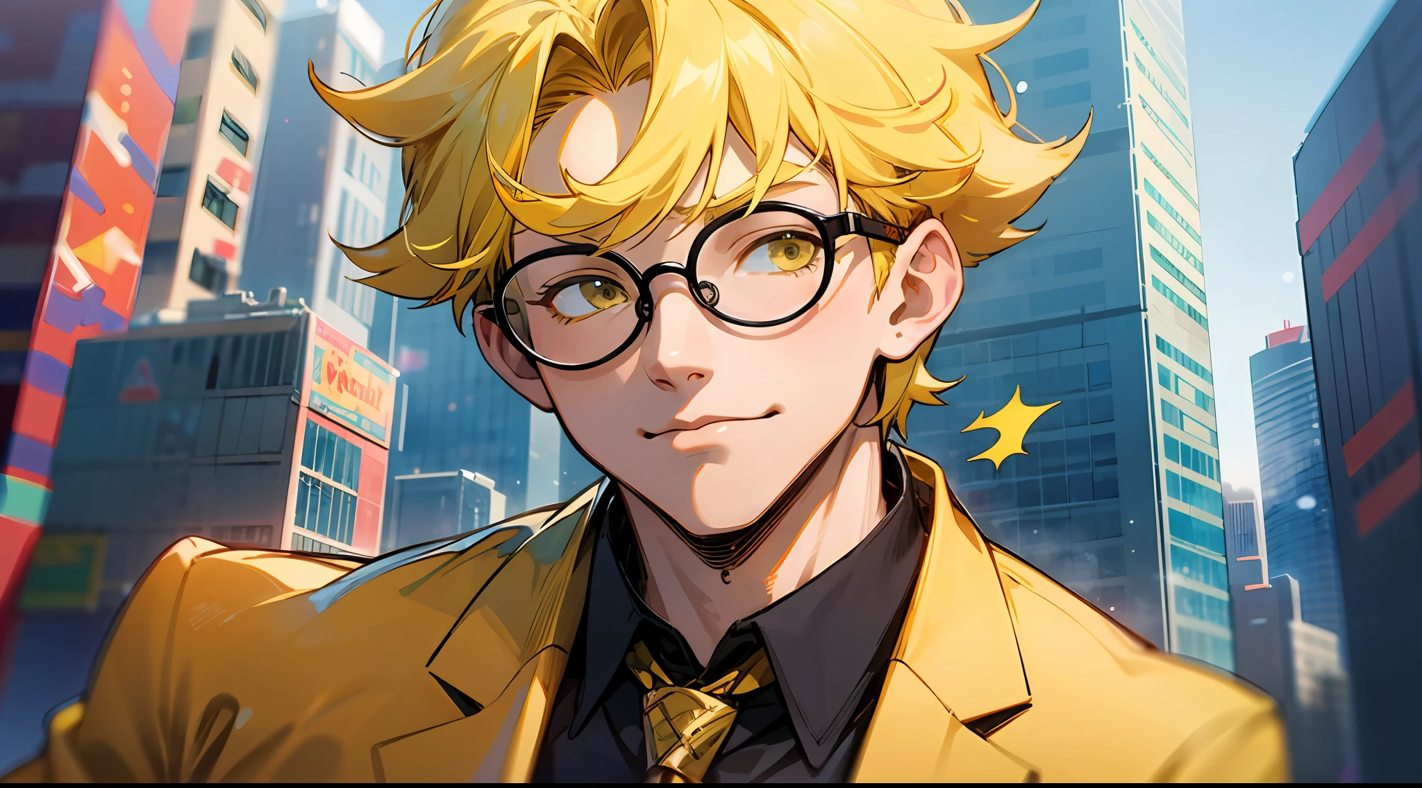 1 sticker, 1boy, bara, Upper body, Yellow hair, eyeglasses., skinny , Yellow suit , city , outdoor