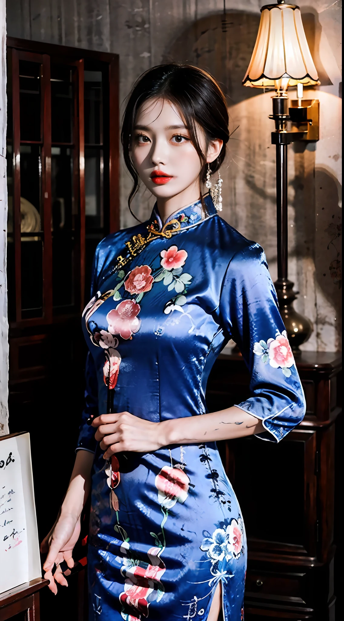 Beautiful and lonely cheongsam woman，She wears lipstick，Dark lights filled the surroundings，Atmosphere at night，Full of Chinese atmosphere，She missed her lover，Deeply enveloped in sadness，Write brush words，The picture is HD，A masterpiece。