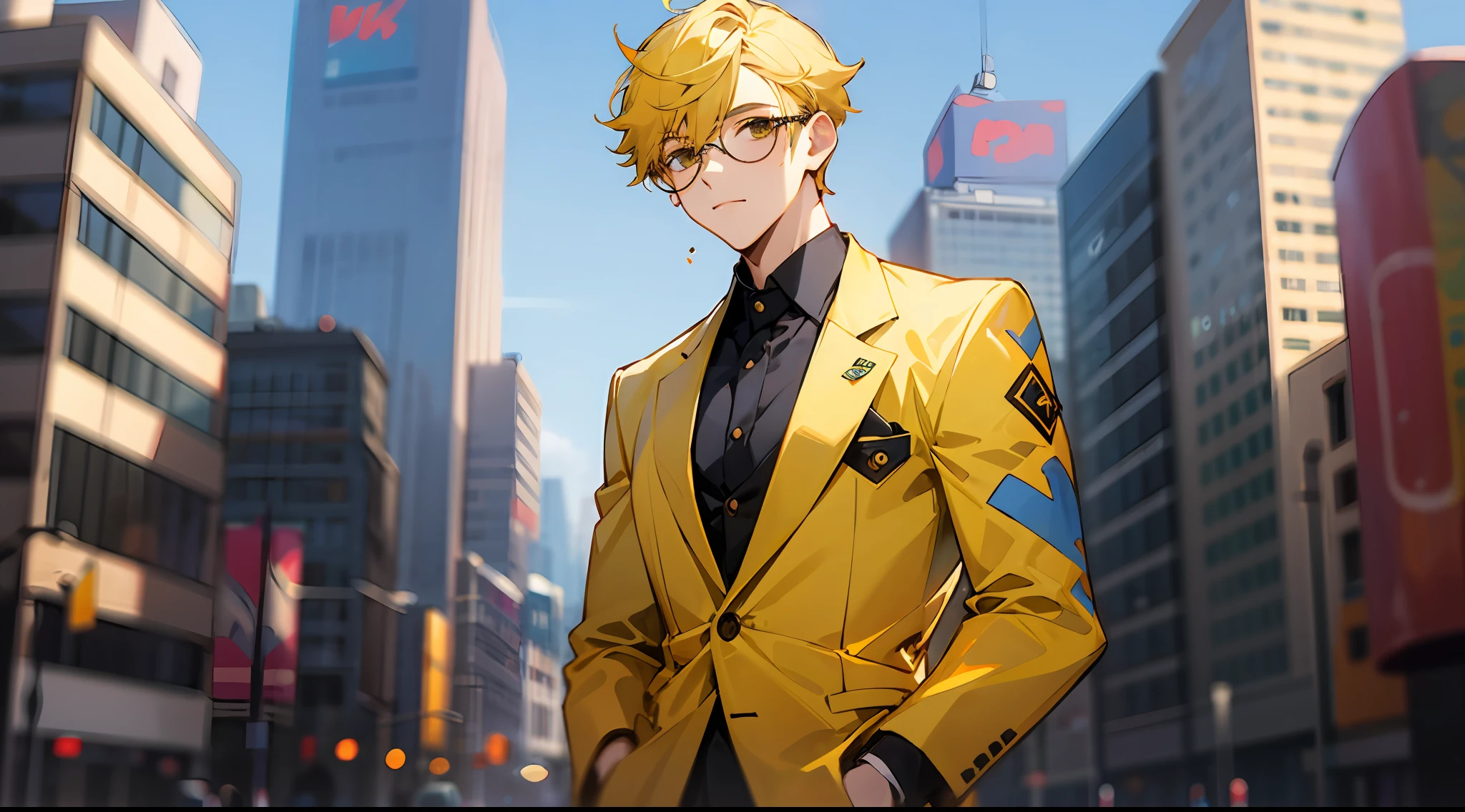 1 sticker, 1boy, bara, Upper body, Yellow hair, eyeglasses., skinny , Yellow suit , city , outdoor