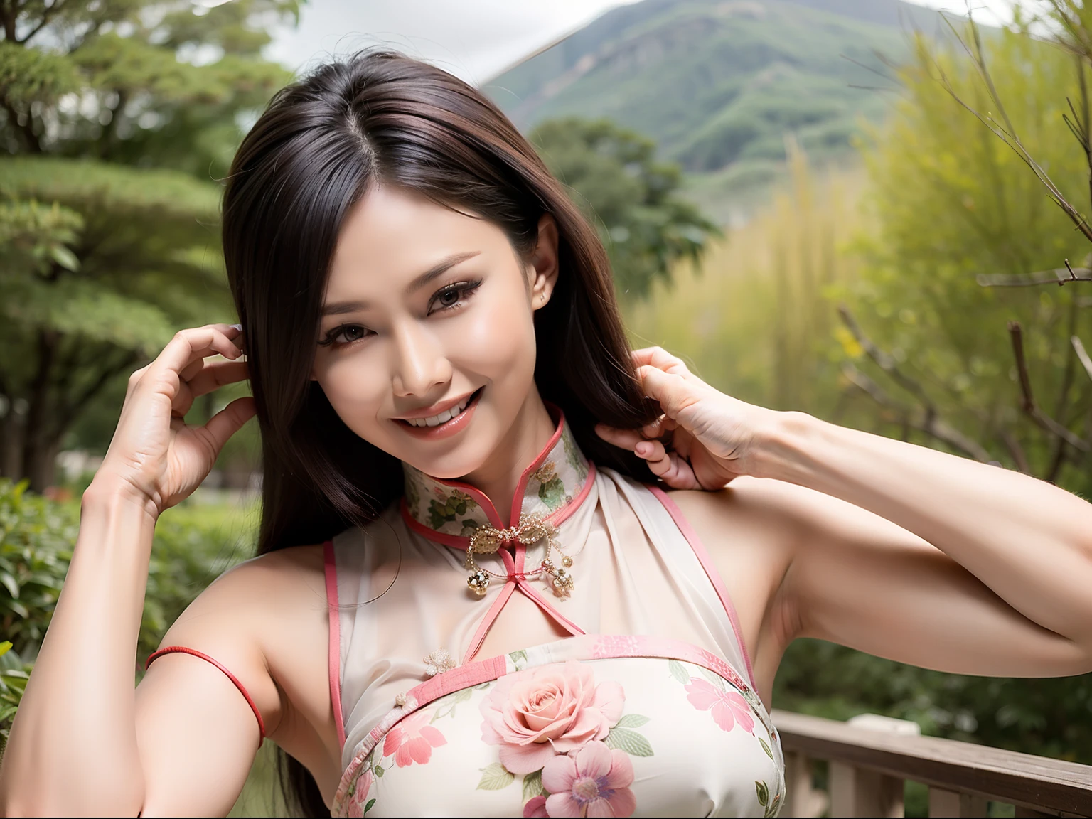 Fashion model 20 years old [[[[closeup cleavage]]]], [[[[boobgasm]]]], [[[[coll]]]], [[[[bshoulders]]]], perfect  eyes, Perfect iris，Perfect lips，perfect teeth，Perfect skin，Long face，slender nose，tall nose bridge，Soft front light，hdr，Movie girl，Pink cheongsam，Red cheongsam，White cheongsam，long whitr hair，Long hair with a shawl，Long hair like a waterfall，Green trees and flowers in the background，（pastel colour：1.2）