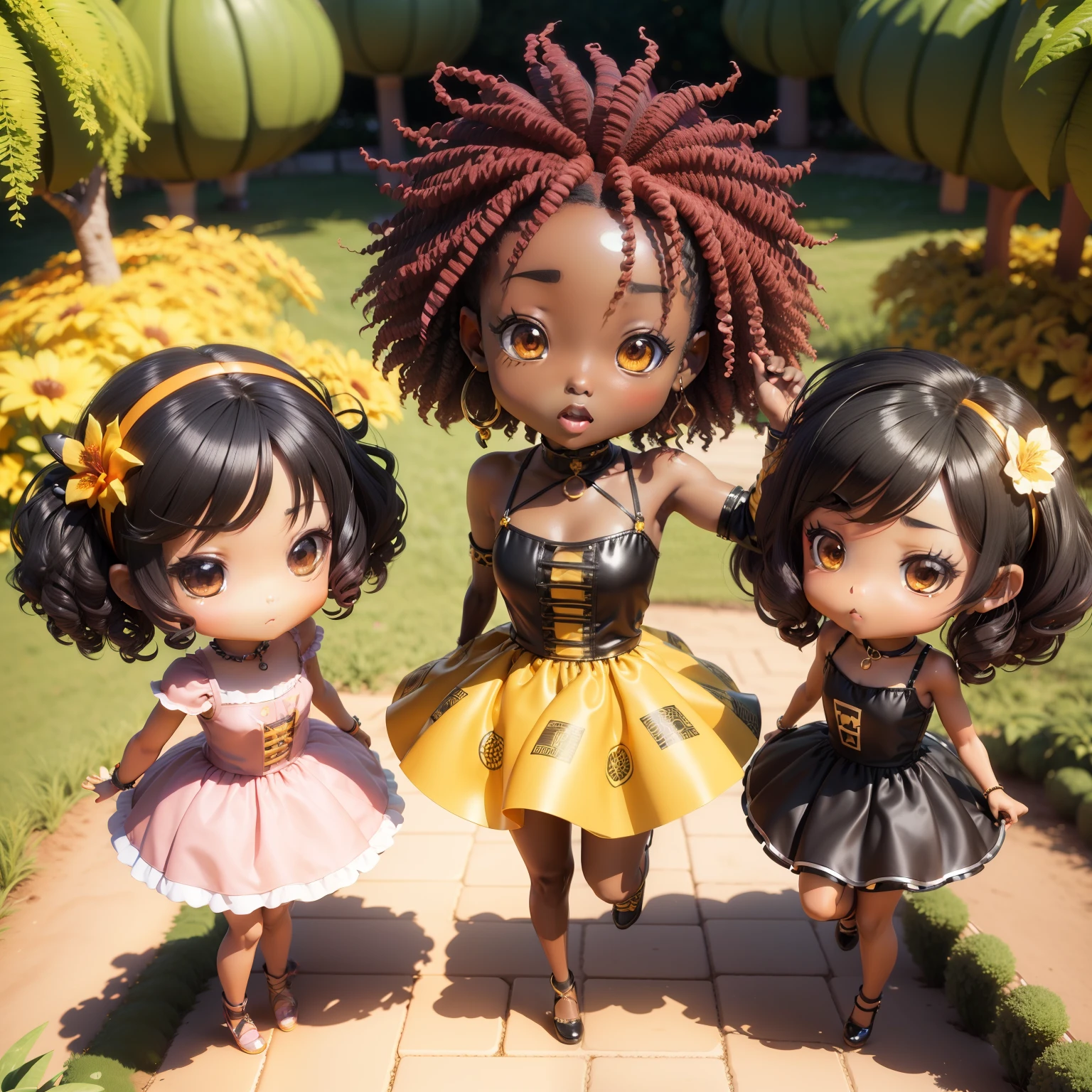 「(((chibi 3d))),Very cute and beautiful chibi anime/African Dark Skin,Black color in afro hairstyles,Vivid orange and yellow dress,Hibiscus garden,Scene of jumping high。」