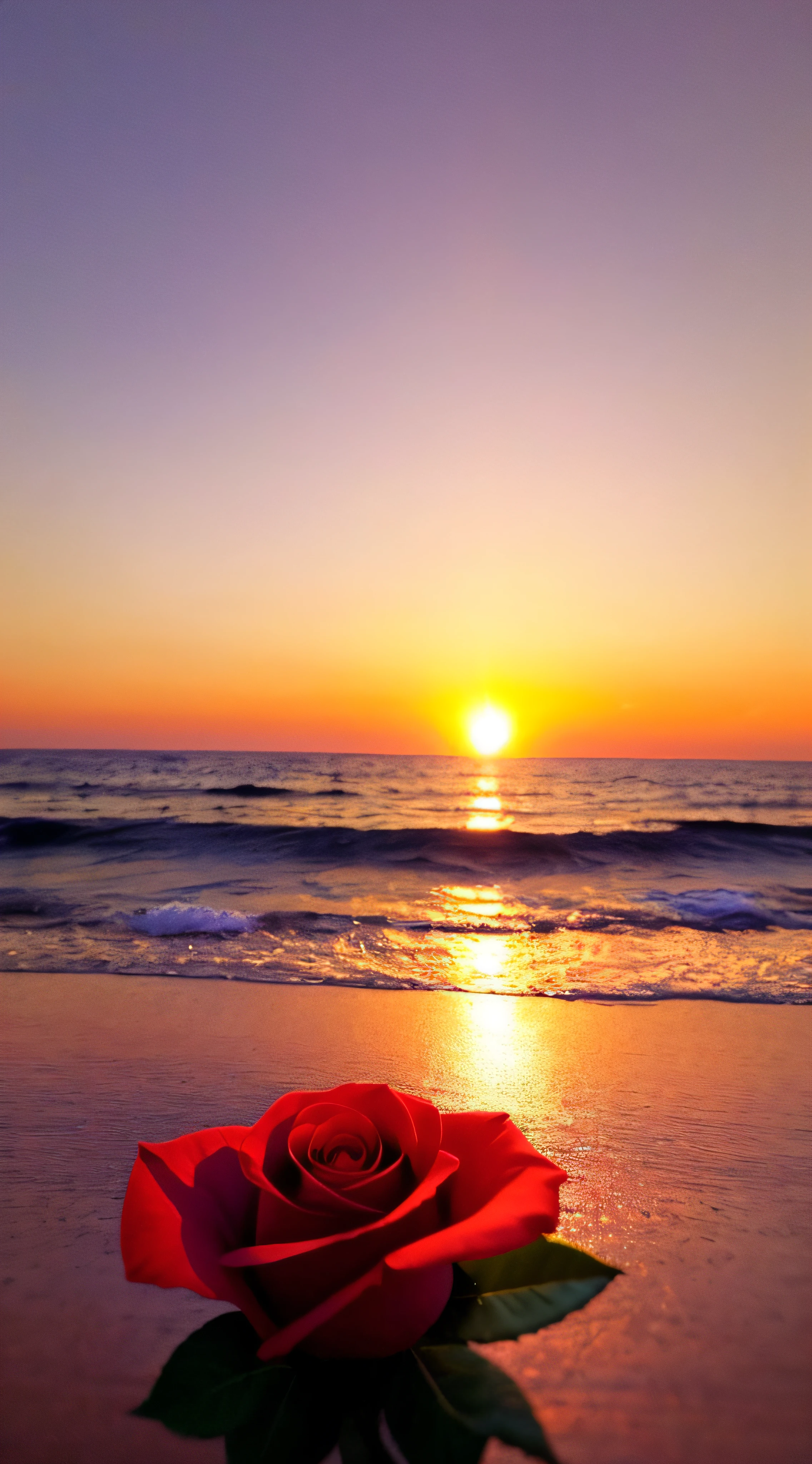 Close-up shot, a rose flower, the background is the gorgeous sunset by the sea, real texture, warm