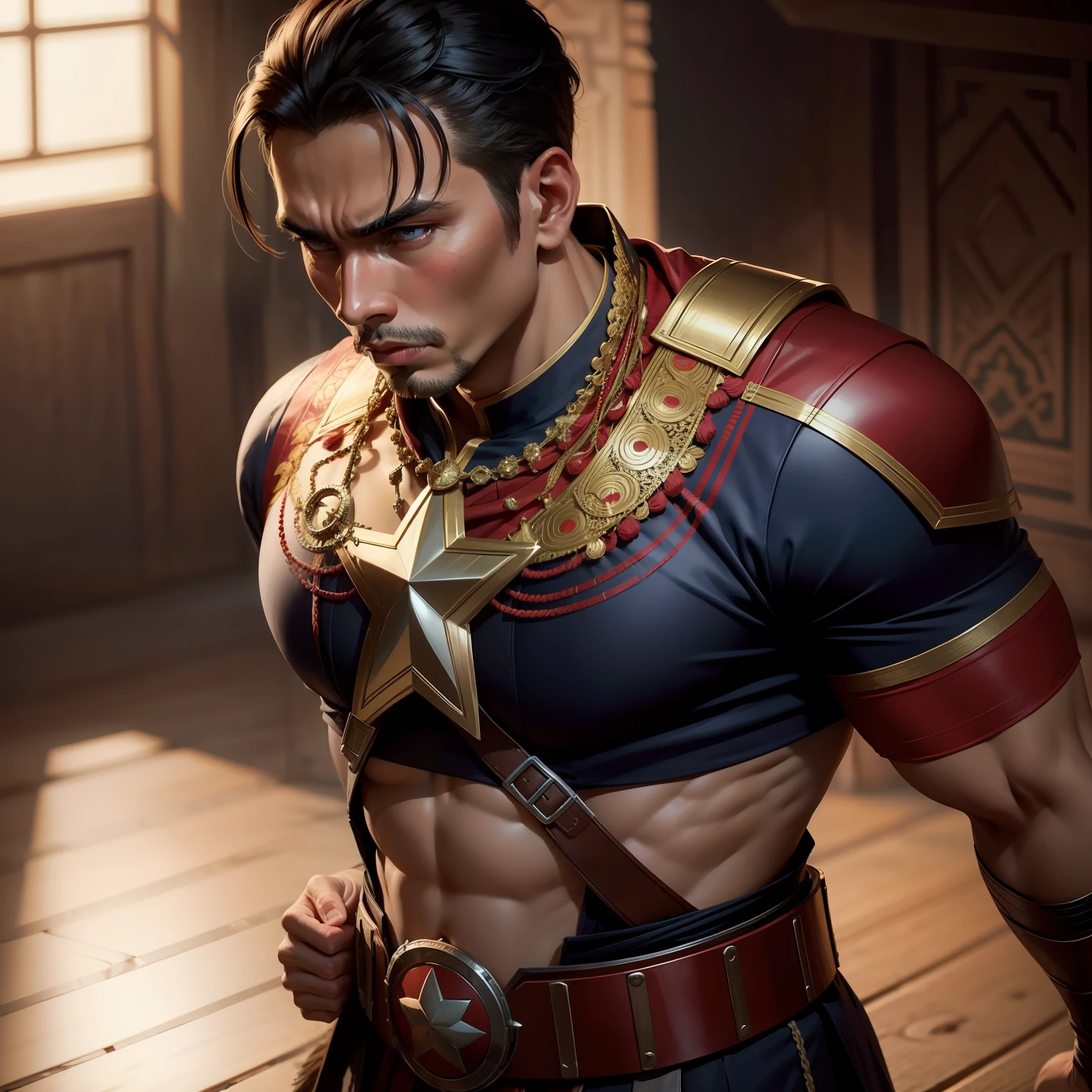 A Dramatic captain America as Javanese man who wearing traditional Javanese clothing, cinematic, extreem realistic, extreem detailed, extreem Sharp, middle close-up shot, full body shot