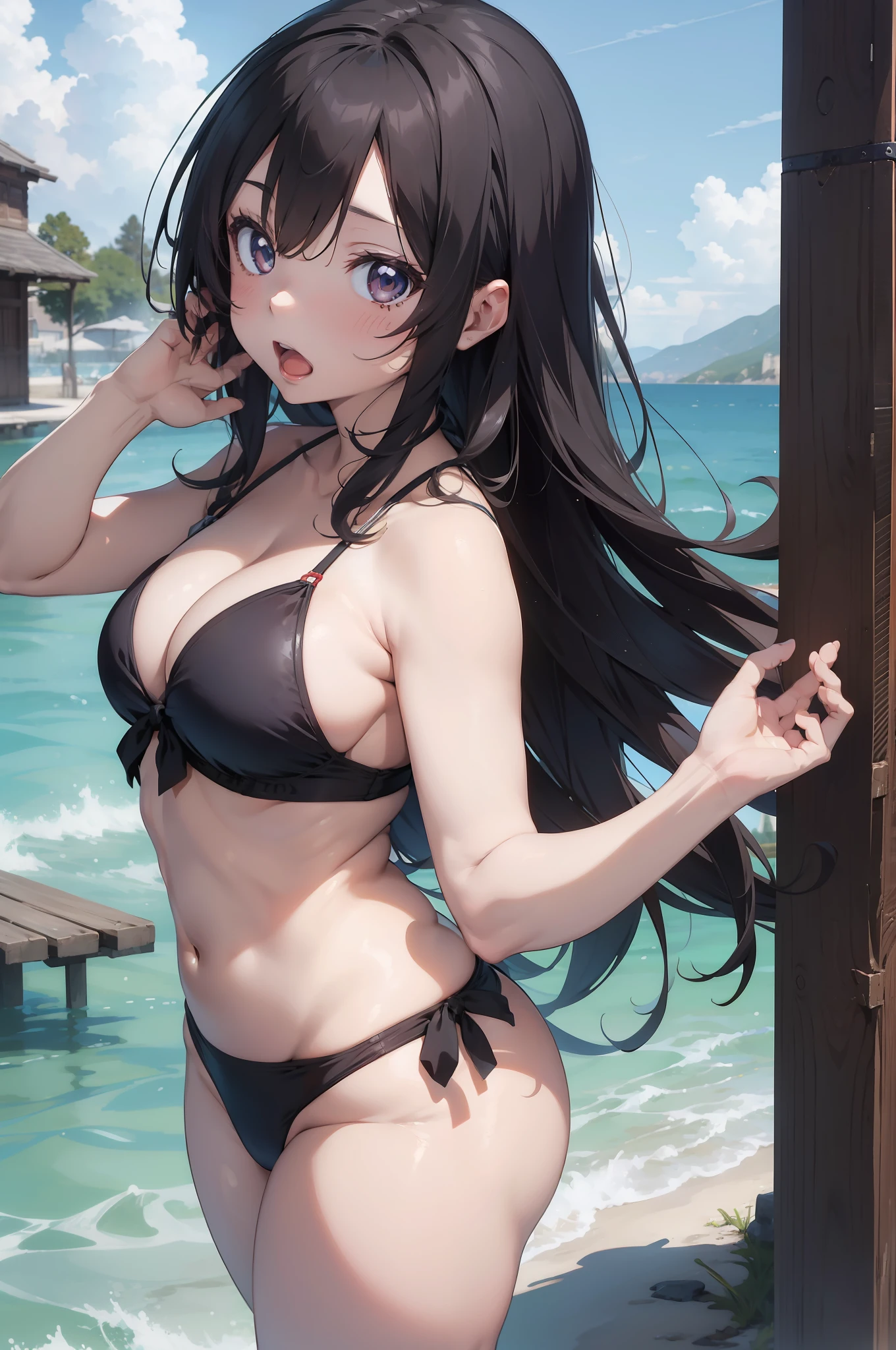 Anime girl in bikini, curvy body, perfect face, long hair, open mouth,