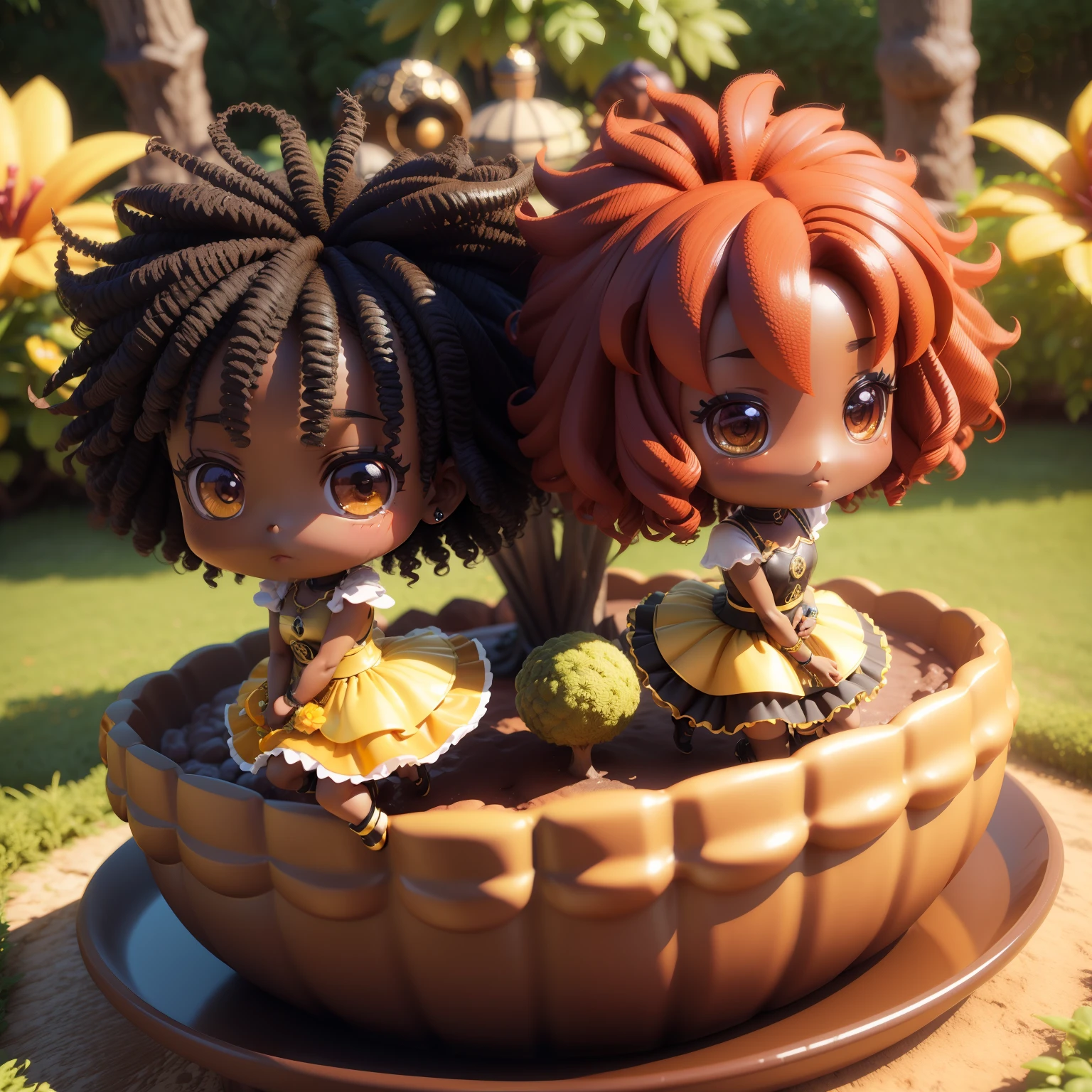 「(((chibi 3d))),Very cute and beautiful chibi anime/African Dark Skin,Black color in afro hairstyles,Vivid orange and yellow dress,Hibiscus garden,Scene of jumping high。」