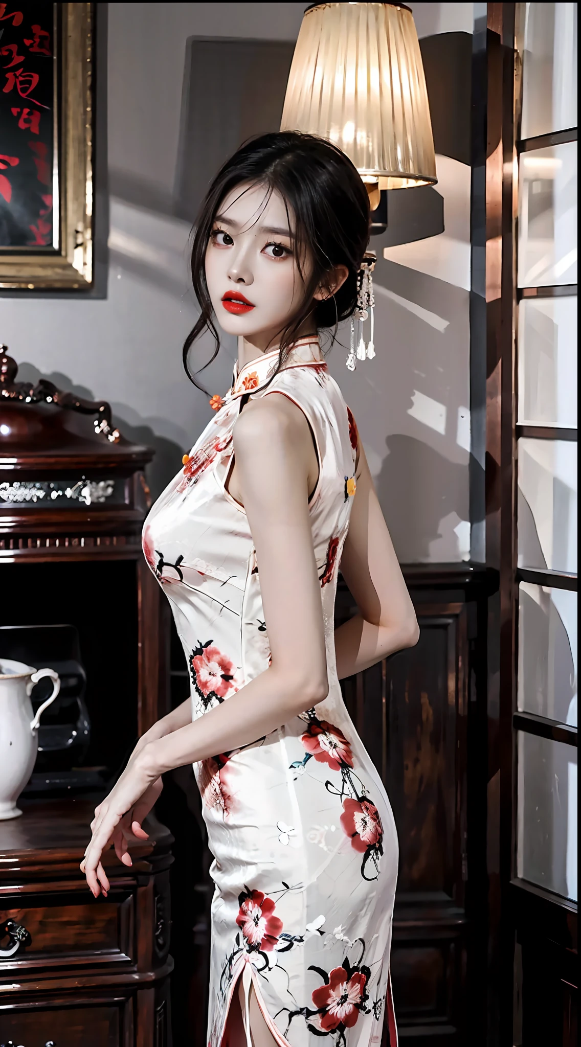 Beautiful and lonely cheongsam woman，She wears lipstick，Dark lights filled the surroundings，Atmosphere at night，Full of Chinese atmosphere，She missed her lover，Deeply enveloped in sadness，Write brush words，The picture is HD，A masterpiece。