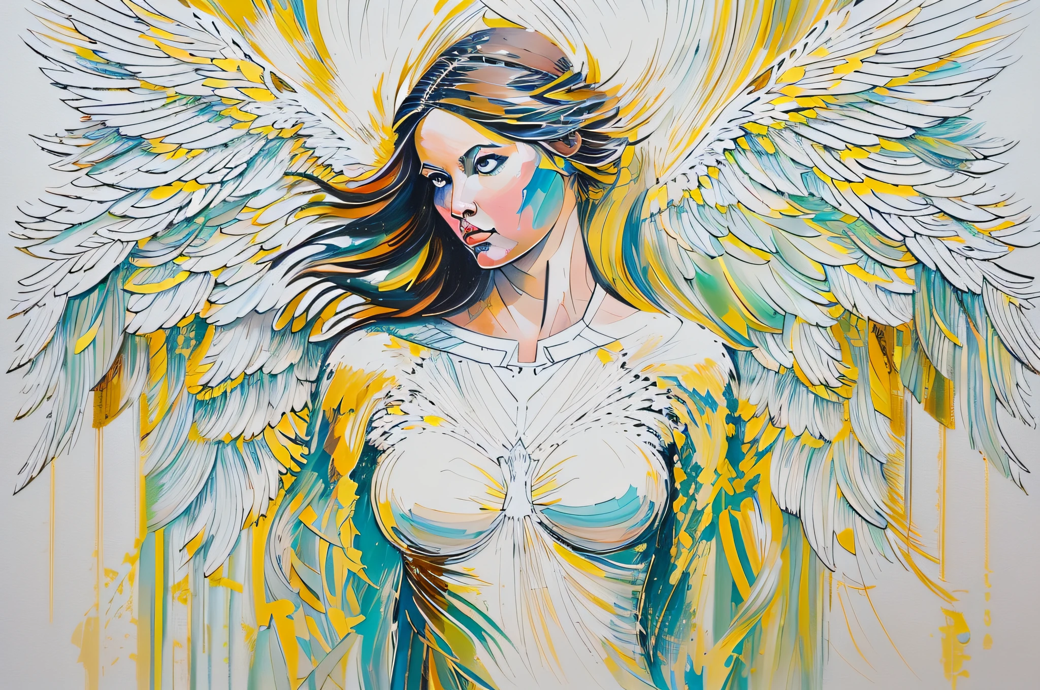 (Abstract female Angelic Wairrors Valkyrie:1.2),(Partially painted:1.1) On a white background, Brilliant color palette, Luxurious brushstrokes, Unique silhouette, Exposure Control, delicate detail, With a sense of power and elegance, It's like a portrait of a work of art.