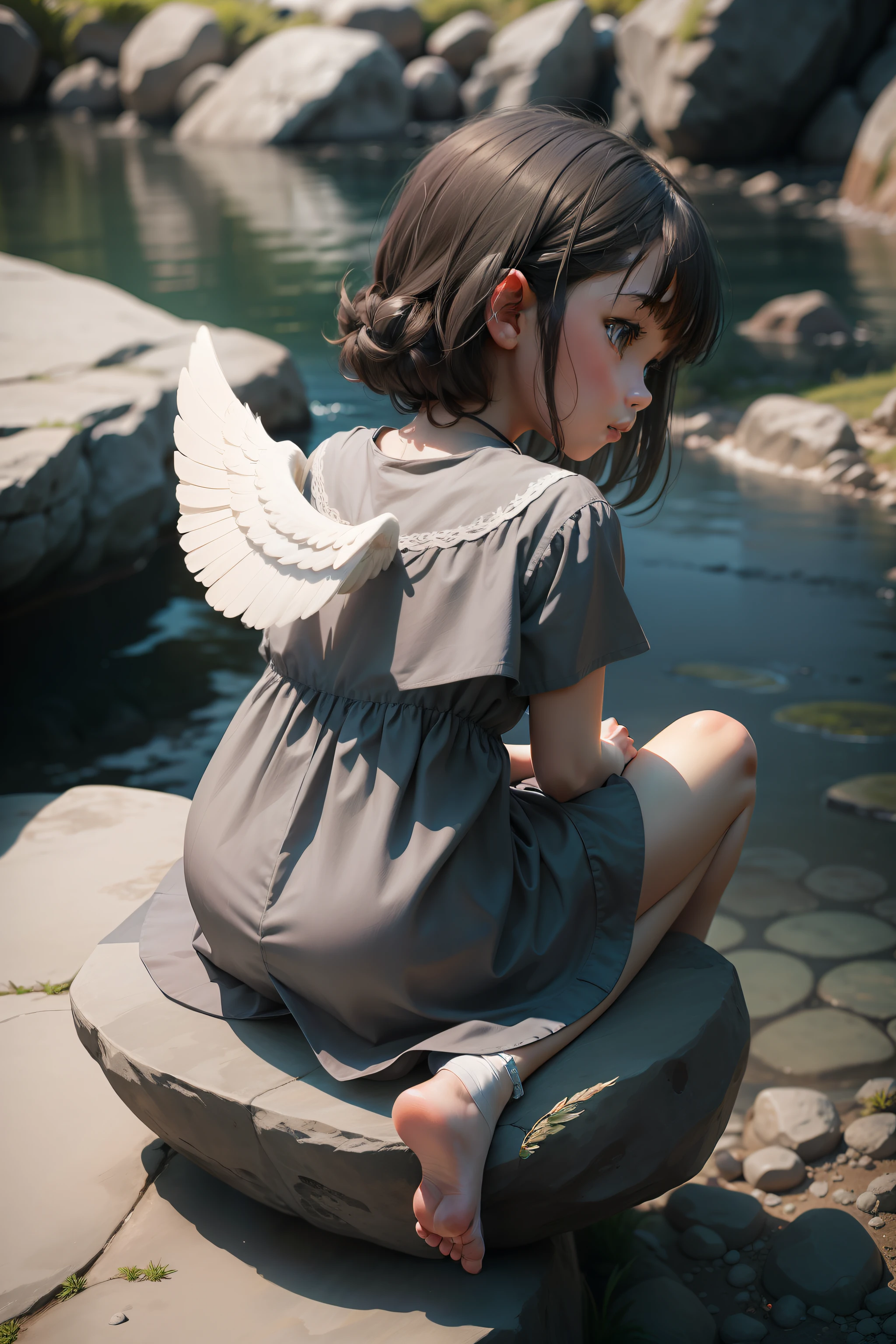 Back shadow, girl with half white wings on her back,Littledressed in gray linen,The little girl a large rock,style of anime