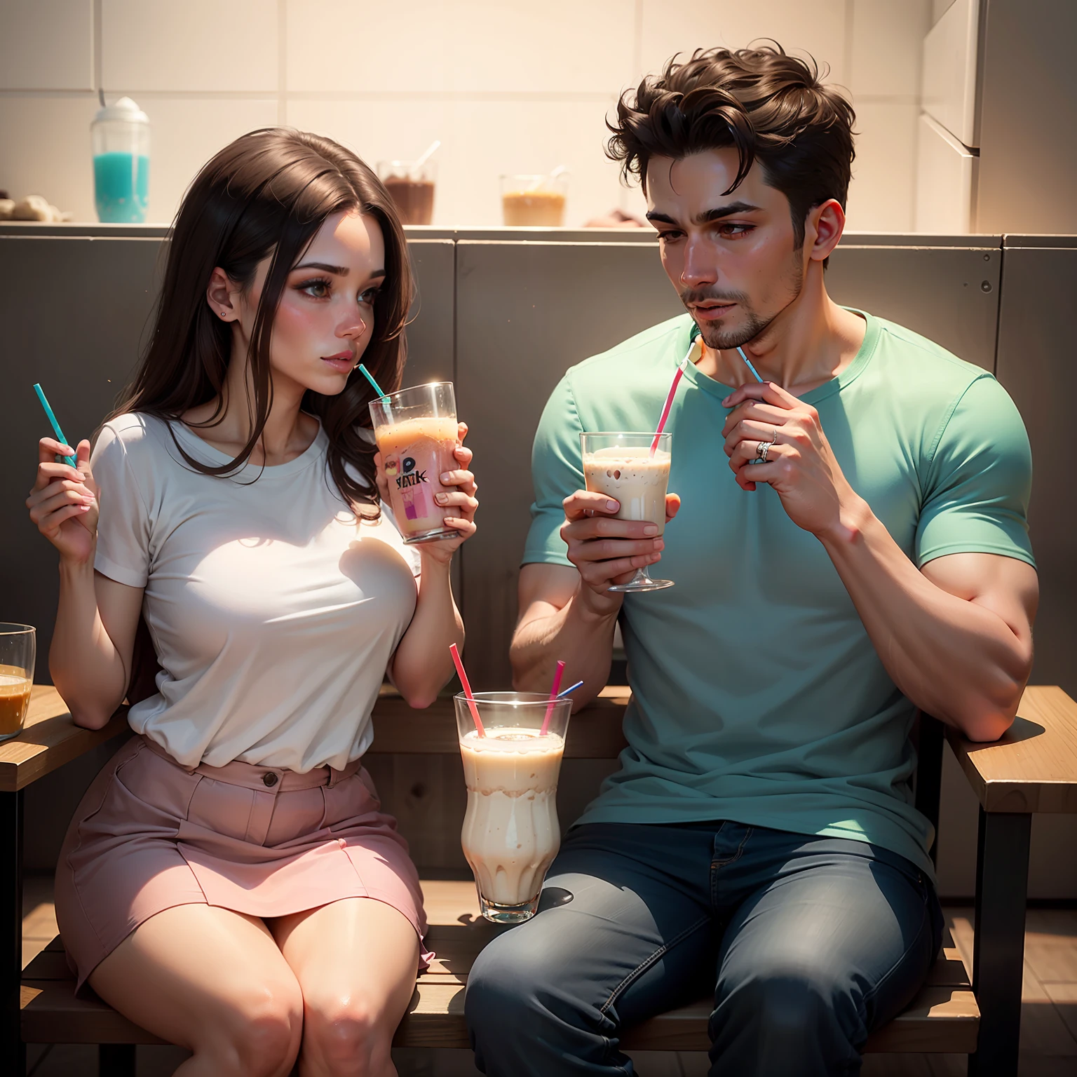 Marido e esposa tomando milk shake