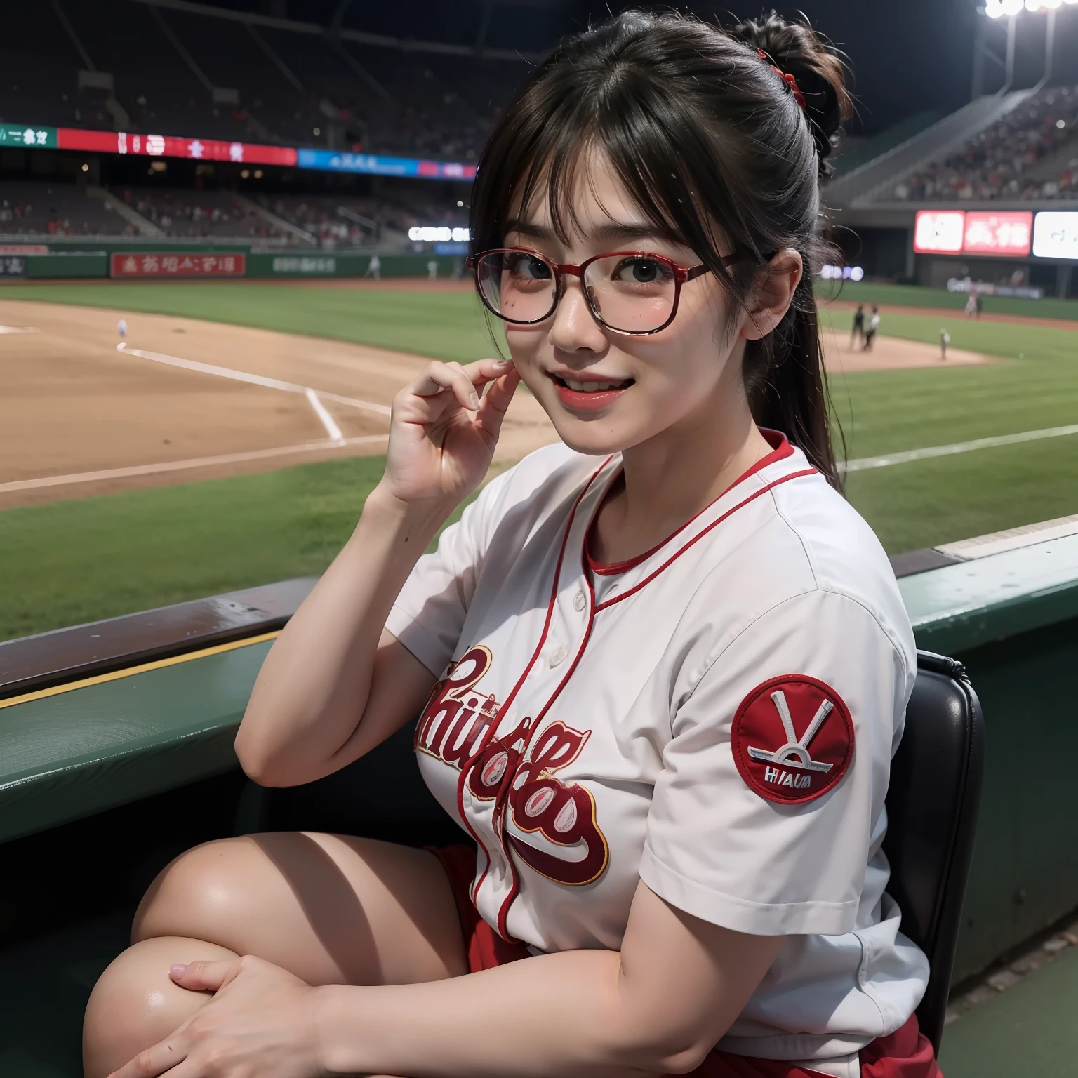 1womanl、high-level image quality、​masterpiece、8K、Delicate、japanes、20yr old、a baby face、huge-breasted、wears glasses、Watching Baseball、Hiroshima Mazda Stadium、Large number of customers、Full body like、Hiroshima Carp Fan、full of sweat、huge smile