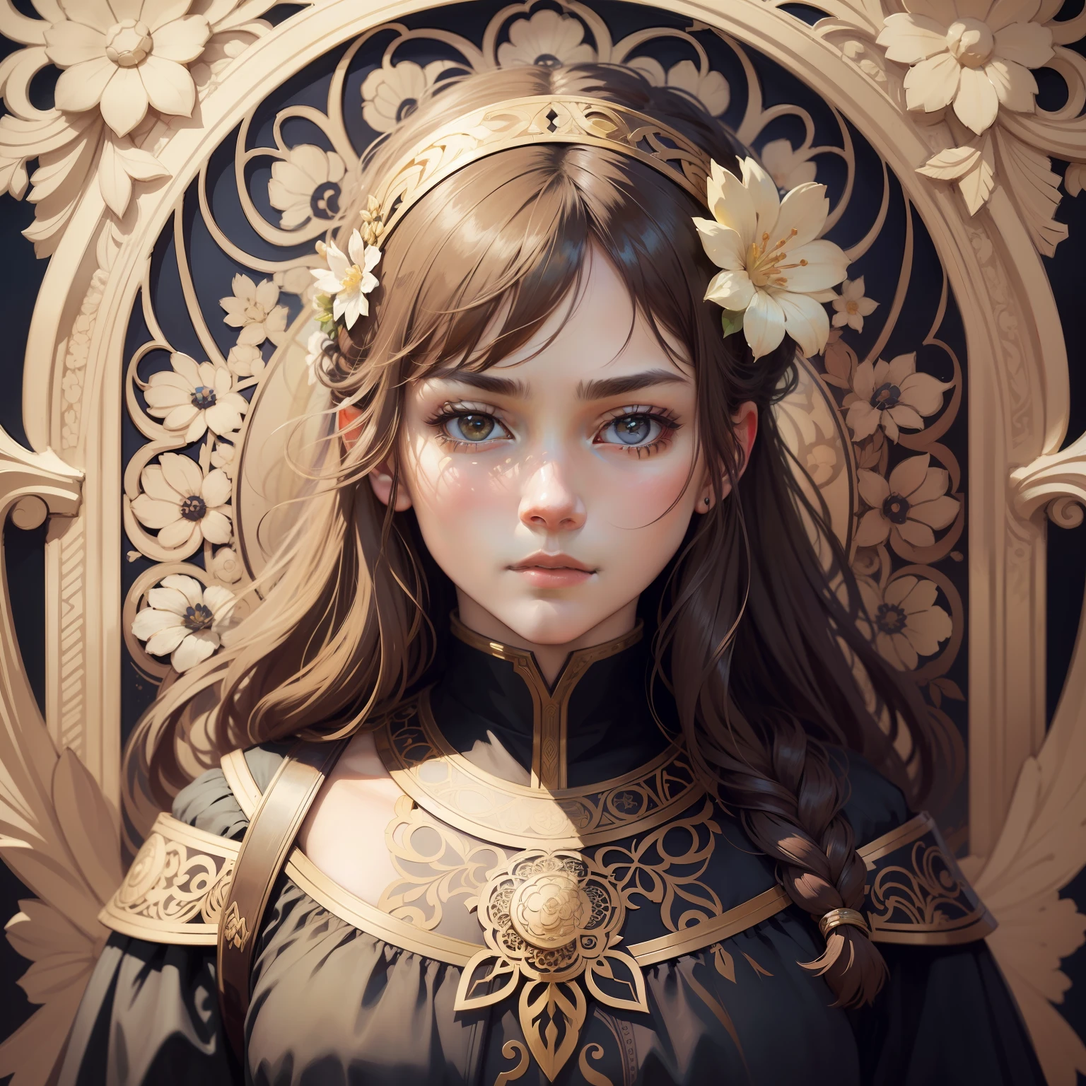 Portrait of the European Brave、bionde、Flower frame、Decorative panel、abstract art、By Alphonse Mucha (masterpiece、top-quality、hight resolution: 1.4)、detaileds、intricate-detail、4K、color splashes、Line Art、Fibonacci、