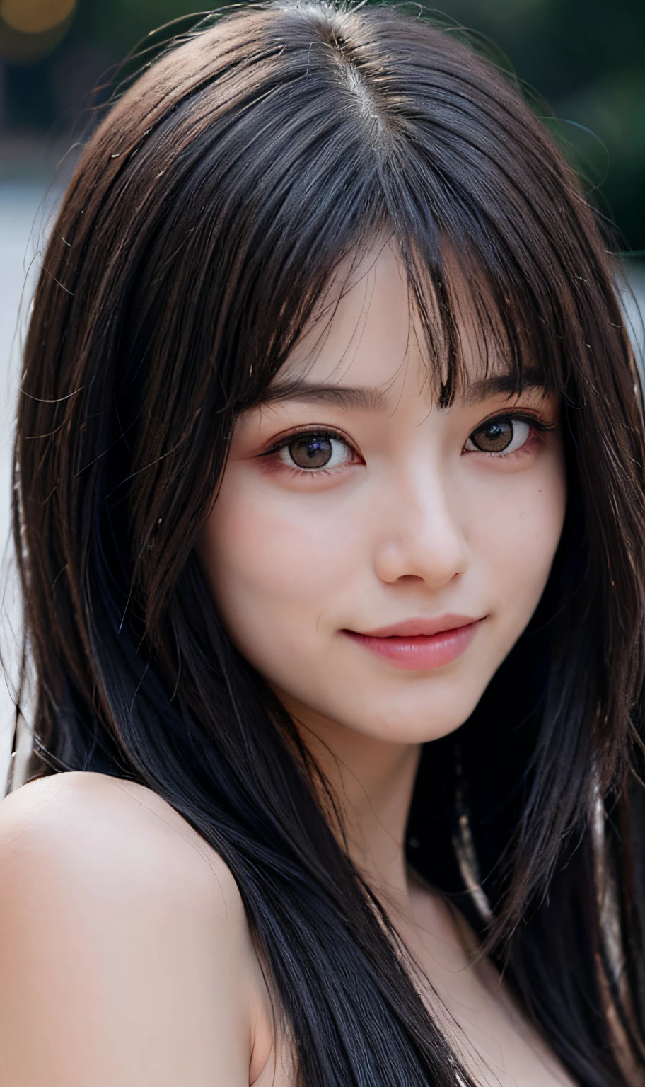 ((((medium hair)))), (masterpiece),((ultra-detailed)), (highly detailed CG illustration),(expressionless), (best quality:1.2),realistic8K UHD,High definition,(1girl:1.2),High quality texture,intricate details,detailed texture,finely detailed,high detail,extremely detailed cg,High quality shadow,a realistic representation of the face,Detailed beautiful delicate face,Detailed beautiful delicate eyes, black eye pupil, a face of perfect proportion,Depth of field,Cinematic Light,Lens Flare,Ray tracing,perspective,20s, Prominent Nose,slender face,tall girl, (big eyes:1.2),blush,glossy lips,perfect body,lean body,Particles of Light,(narrow waist:1.3),large breast, distinct_image, high_resolution, (lustrous skin), solo focus, , (finely detailed beautiful eyes and detailed face),(detailed face), (hair streaked hair), light source contrast, ((smile)), (pureerosface_v1:0.5) , (ulzzang-6500-v1.1:0.5),