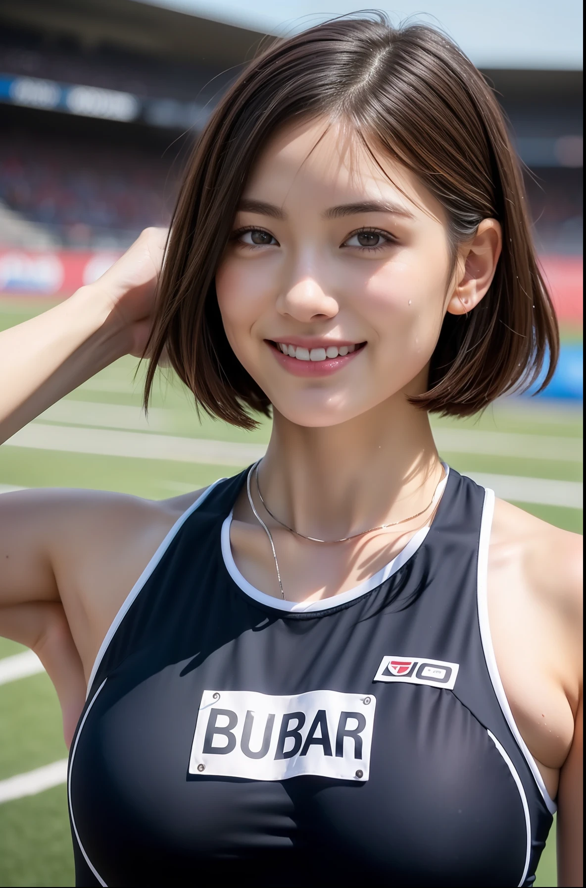 (((full bodyesbian)))、((Track & Field Athletes Women))、((Short-cut hairstyles))、1 Beautiful Girl、Wet uniform、Heavy rain、(((1人)))、Competition uniforms、((stadium))、Transcendent cute、A slight smil、Beautiful breasts、full bodyesbian、hairarmpits、athletic field、((Outstanding style))、((Healthy body))、 、Women in Japan、Photorealsitic、Beautiful detailed eyes、Hyper-Realism、highcontrast、Ultra HD、realistic skin textures、Top image quality、top-quality、超A high resolution、Fine details、Very meticulously
