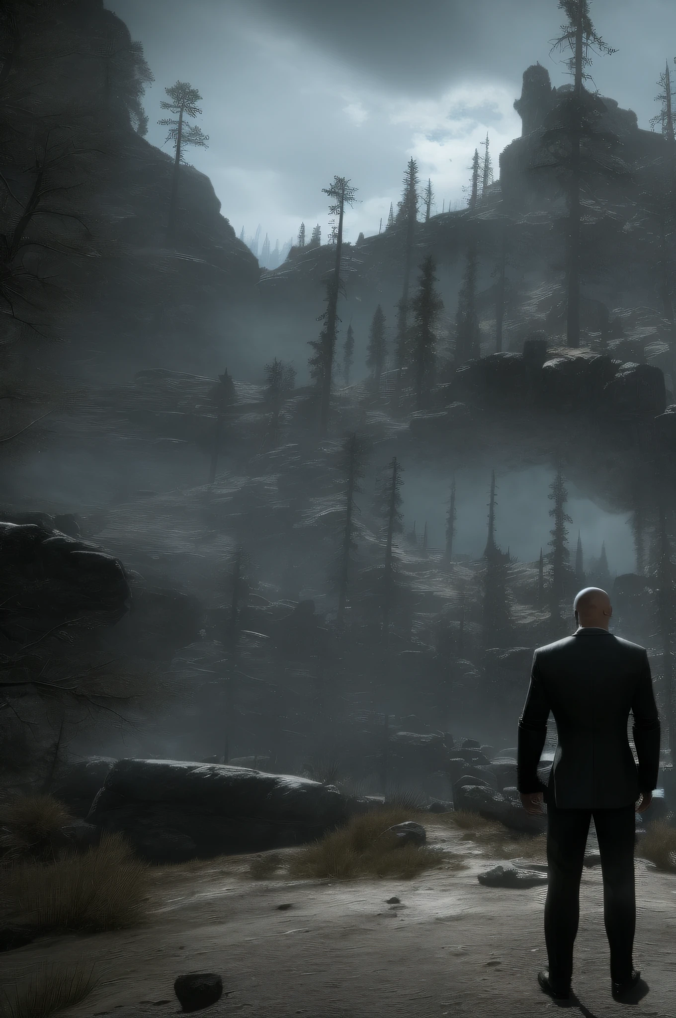Agent 47 in a ((black suit)) and ((round shades)) stands at the gates of Skyrim, 8k ultra-realistic, high-definition, wallpaper, dramatic, sharp, cinematic, blockbuster movie
