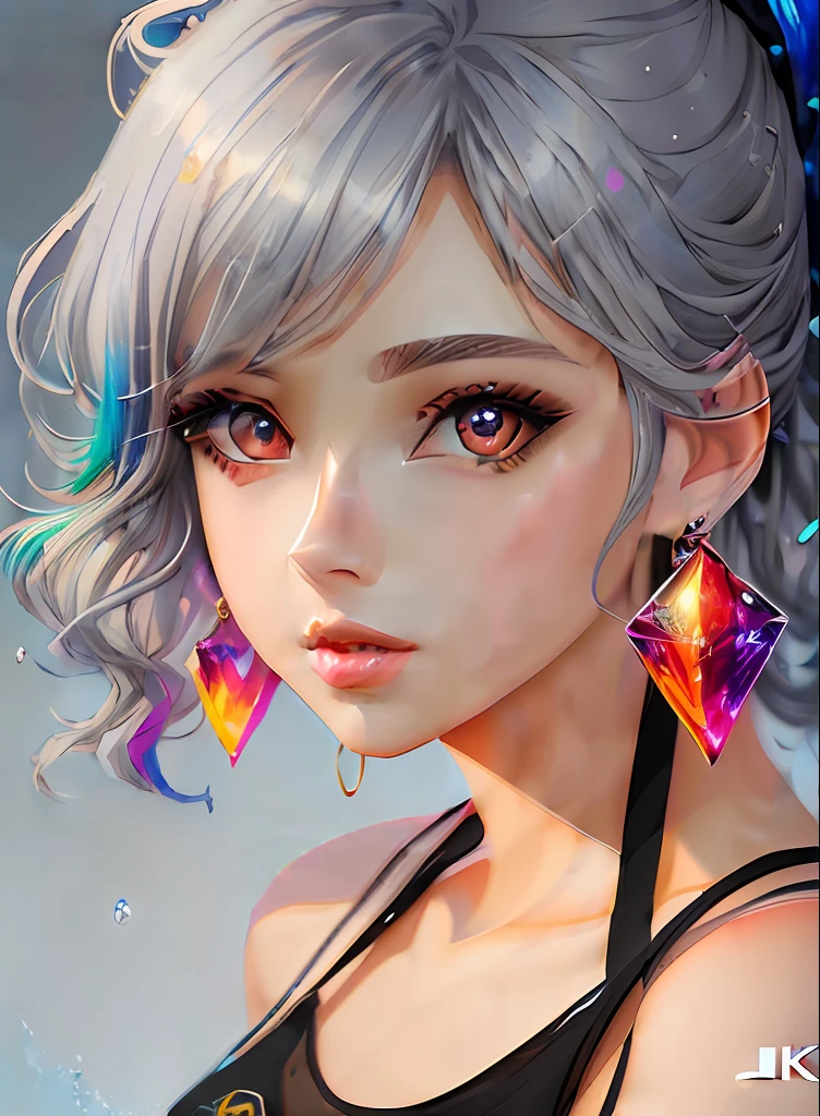 ((top-quality)), ((​masterpiece)), ((realisitic)), (detaileds),animesque、anime styled、 (1人の女性）Earrings only accessories、Close up portrait of woman with gray hair color、Beautiful shining eyes, Like crystal clear glass、Tank Tops、Summer clothes、4K high-definition digital art、stunning digital illustration、Stunning 8K artwork、colorfull digital fantasy art、Colorful and bright、beautiful digital works of art、Colorful Digital Anime Art、Portrait of beautiful woman、8K HD Digital Wallpaper Art、 Gorgeous Digital Painting