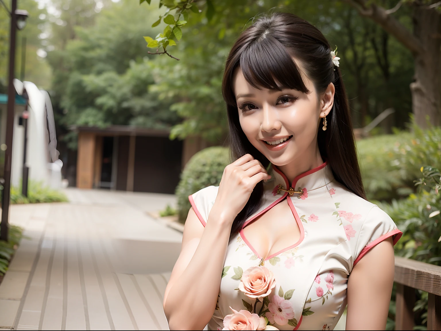 Fashion model 20 years old [[[[closeup cleavage]]]], [[[[boobgasm]]]], [[[[coll]]]], [[[[bshoulders]]]], perfect  eyes, Perfect iris，Perfect lips，perfect teeth，Perfect skin，Long face，slender nose，tall nose bridge，Soft front light，hdr，Movie girl，Pink cheongsam，Red cheongsam，White cheongsam，long whitr hair，Long hair with a shawl，Long hair like a waterfall，Green trees and flowers in the background，（pastel colour：1.2）