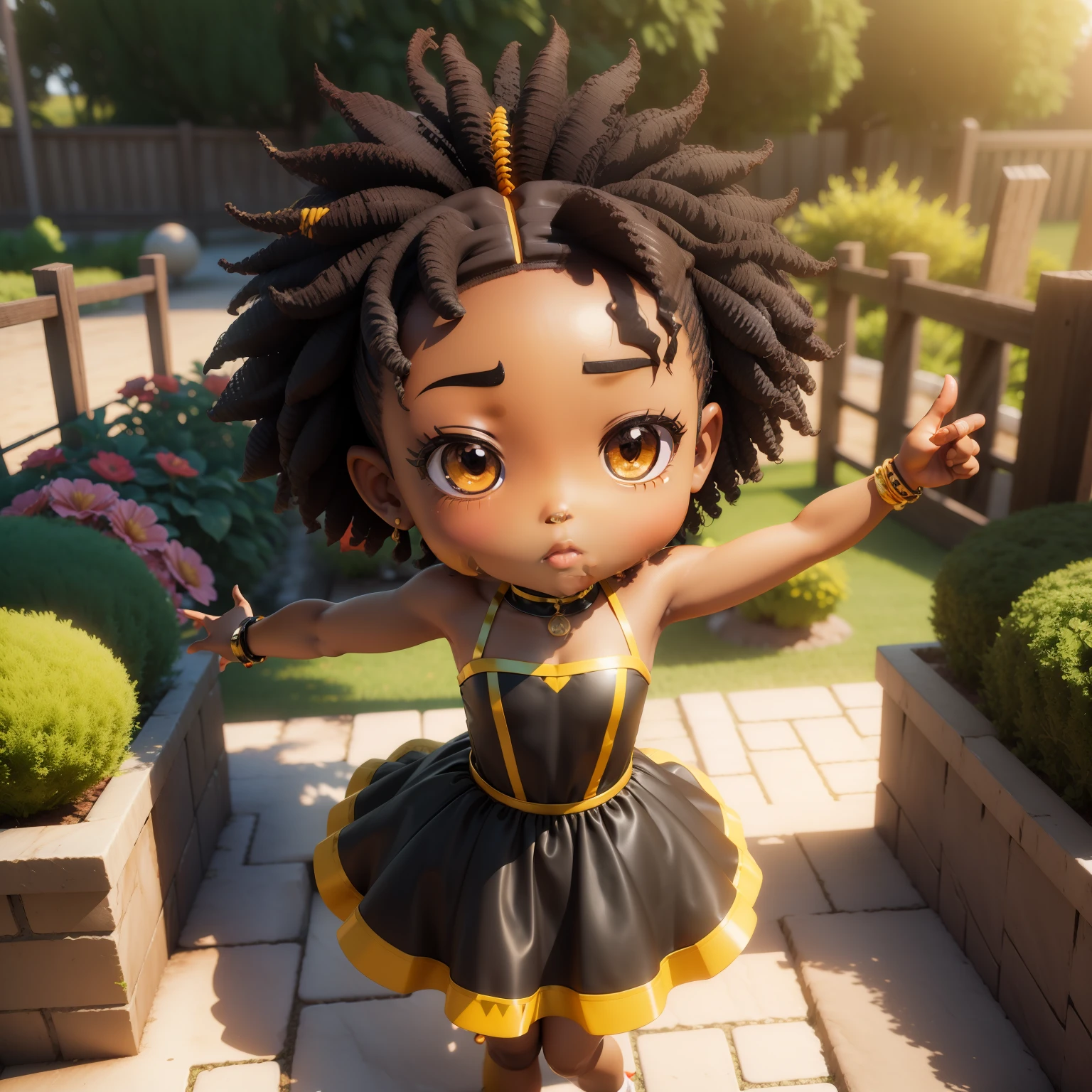 「(((Chibi 3D))),Very cute and beautiful chibi anime/African black skin,Black color in afro hairstyles,Bright orange and yellow dress,Hibiscus garden,Scene of jumping high。」