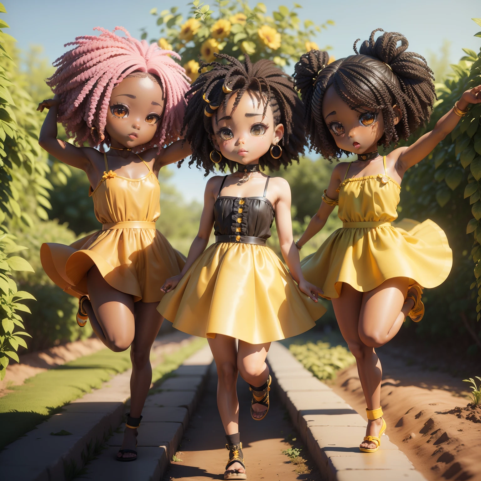 「(((Chibi 3D))),Very cute and beautiful chibi anime/African black skin,Black color in afro hairstyles,Bright orange and yellow dress,Hibiscus garden,Scene of jumping high。」