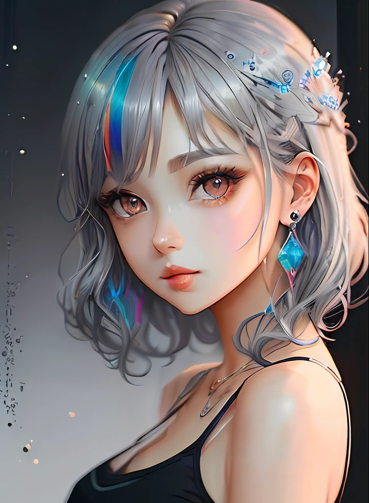 ((top-quality)), ((​masterpiece)), ((realisitic)), (detaileds),animesque、anime styled、 (1人の女性）Earrings only accessories、Close up portrait of woman with gray hair color、Beautiful shining eyes, Like crystal clear glass、Tank Tops、Summer clothes、4K high-definition digital art、stunning digital illustration、Stunning 8K artwork、colorfull digital fantasy art、Colorful and bright、beautiful digital works of art、Colorful Digital Anime Art、Portrait of beautiful woman、8K HD Digital Wallpaper Art、 Gorgeous Digital Painting