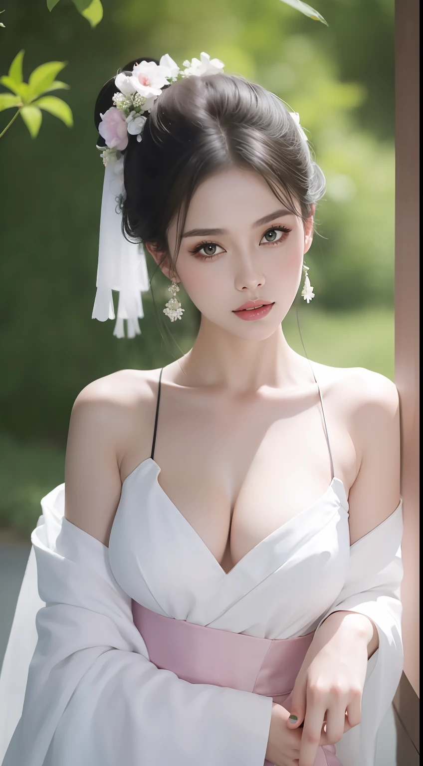Fashion model 18 years old [[[[closeup cleavage]]]], [[[[boobgasm]]]], [[[[coll]]]], [[[[bshoulders]]]], perfect  eyes, Perfect iris，Perfect lips，perfect teeth，Perfect skin，Long face，slender nose，Soft front light，hdr，Movie girl，white apparel，green outfit，red attire，Pink clothing，long whitr hair，Long hair with a shawl，The background is external，Flowers and green leaves in the background，（pastel colour：1.2）