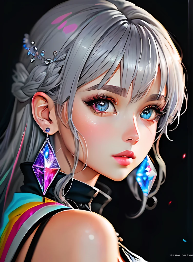 ((top-quality)), ((​masterpiece)), ((realisitic)), (detaileds),animesque、anime styled、 (1人の女性）Earrings only accessories、Close up portrait of woman with gray hair color、Beautiful shining eyes, Like crystal clear glass、Tank Tops、Summer clothes、4K high-definition digital art、stunning digital illustration、Stunning 8K artwork、colorfull digital fantasy art、Colorful and bright、beautiful digital works of art、Colorful Digital Anime Art、Portrait of beautiful woman、8K HD Digital Wallpaper Art、 Gorgeous Digital Painting