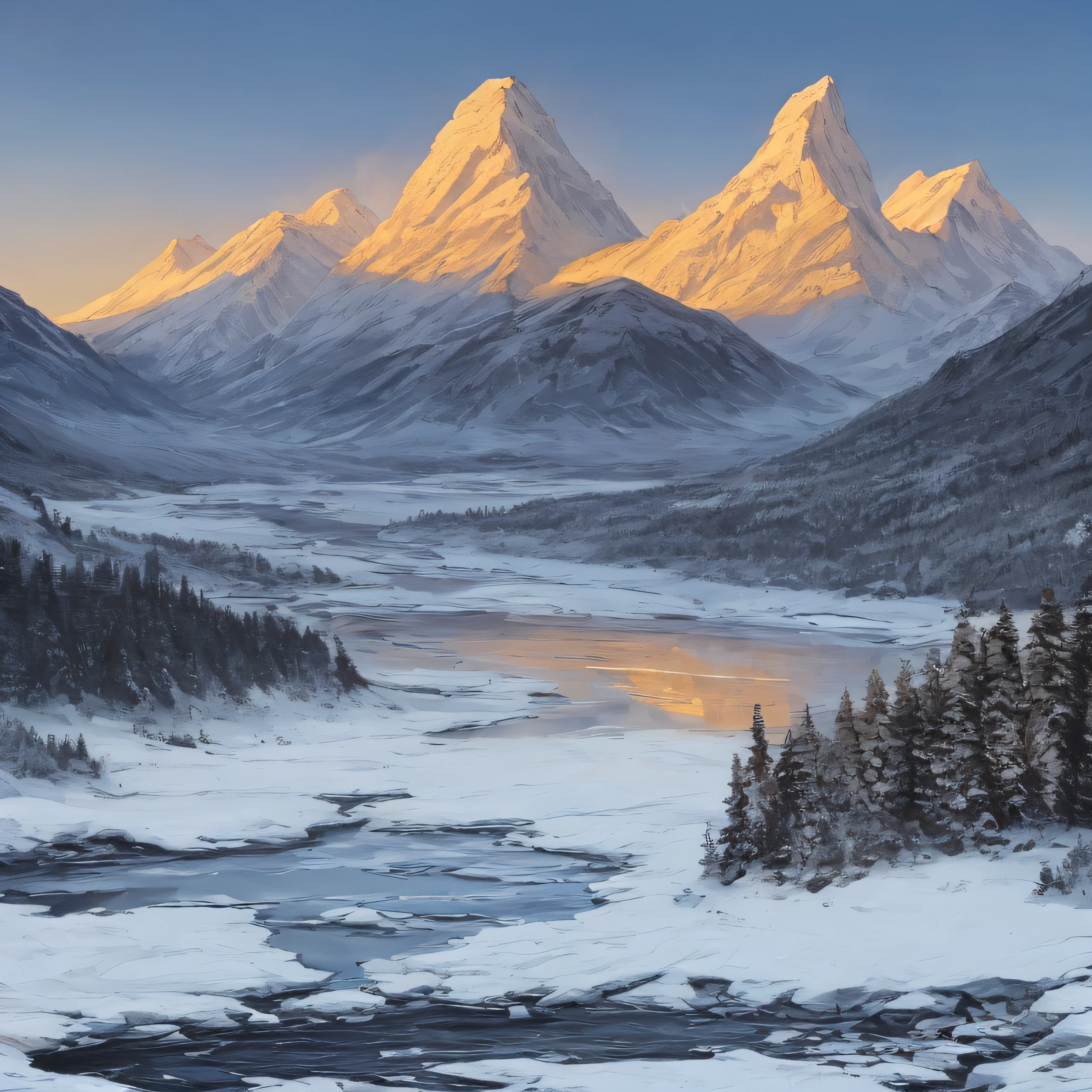 samdoesarts style. physical palette knife painting, thick Oil paint, stunning landscape, vast scale, soft colors, muted contrast, extremely detailed and intricate. Mountainous arctic valley river. Light fog, gently snowing, sunrise. God rays, sharp focus