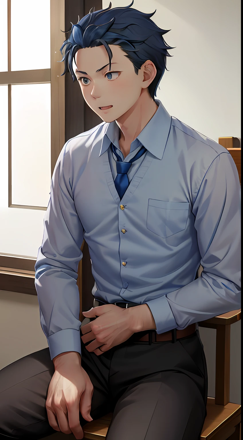 （1 Adult male），A high resolution， Sharp focus， Pixiv masterpiece， （（Complicated details））， highly  detailed， natsuki_subaru， 1 man， with her mouth open，full bodyesbian，sit astride， blue colored eyes（eyes glowing）， blue short hair，white  shirt，Wear a tie，Wear a belt，perspire，look from down
