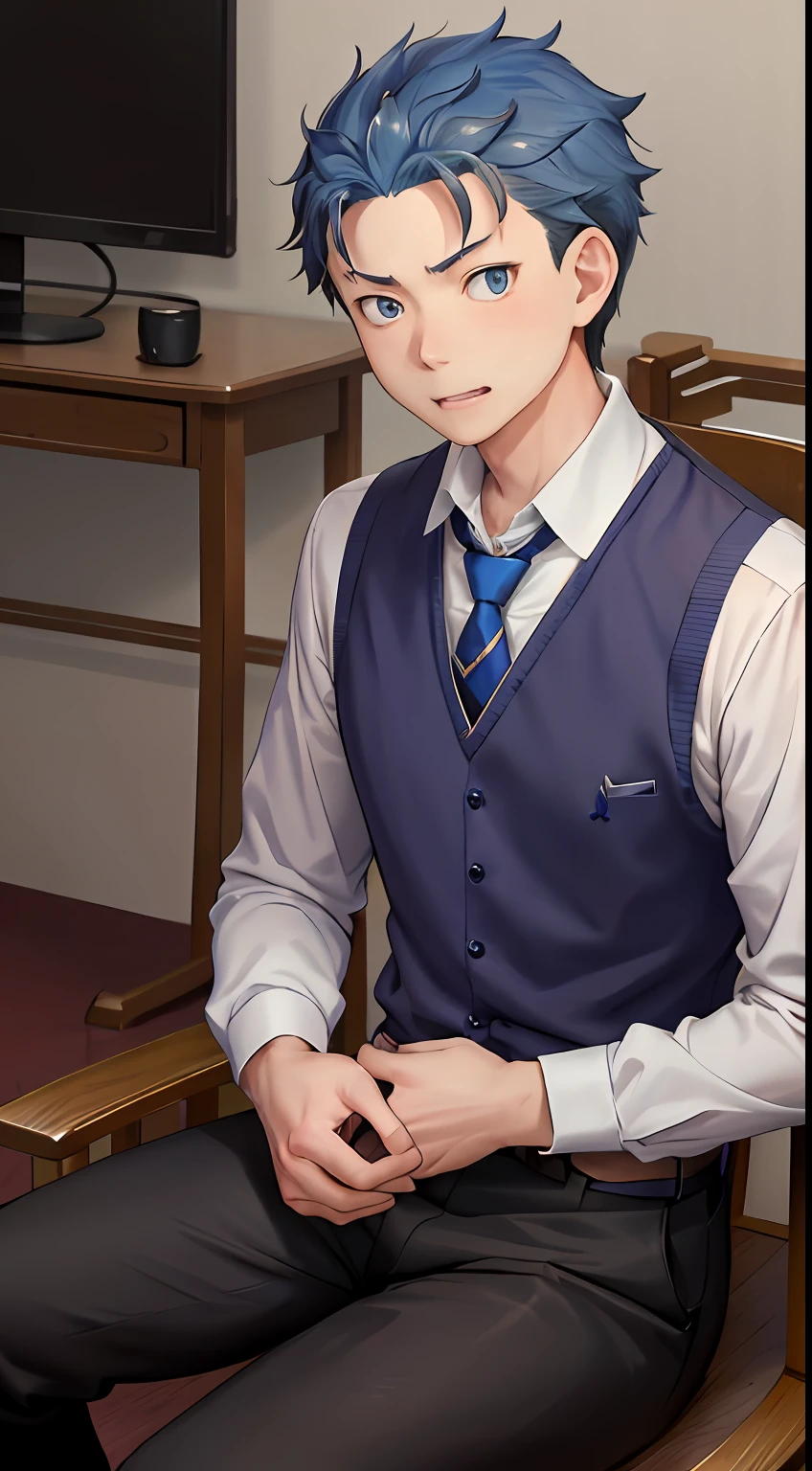 (1 Adult male),A high resolution, Sharp focus, Pixiv masterpiece, ((Complicated details)), highly detailed, natsuki_subaru, 1 man, with her mouth open,full bodyesbian,sit astride, blue colored eyes(eyes glowing), blue short hair,white shirt,Wear a tie,Wear a belt,perspire,look from down