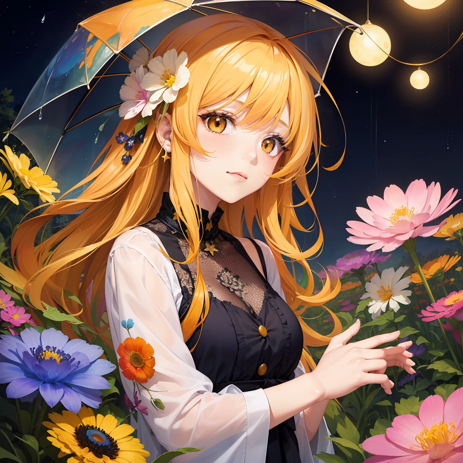watercolor paiting(Beautifully Aesthetic:1.2)、(1girl in:1.3)、(colourful hair、Half orange and half yellow hair:1.2)、Eau、liquids、natta、colourfull、Orange and yellow anemone flowers bloom、Anemone blooming on the hair、natta、beautiful night、starrysky、rain is falling、Sateen、Fantastic night