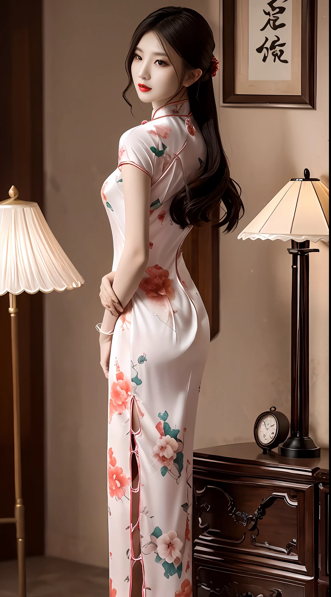 Beautiful and lonely cheongsam woman，She wears lipstick，Dark lights filled the surroundings，Atmosphere at night，Full of Chinese atmosphere，She missed her lover，Deeply enveloped in sadness，Write brush words，The picture is HD，A masterpiece。