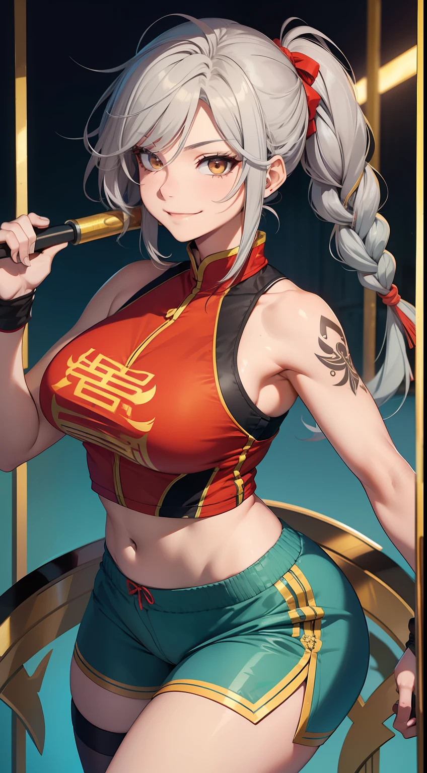 Adult woman, Gray hair in a long braid, golden eyes, sporty figure, Chinese turquoise top, Red Shorts, Tonfa, Tatoo, smirk, Masterpiece, hiquality
