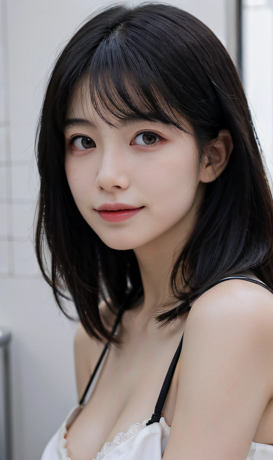 (((Medium Hair)))、(masterpiece)、((The ultra-detailliert))、(High Definition CG Illustration)、(deadpan)、(Top image quality:1.2)、realistic8K UHD、HDTV、(1girll:1.2)、High quality textures、intricate detailes、the detail、Very detailed CG、High quality shadows、realistic representation of face、Beautiful delicate face with details、Detail Beautiful delicate eyes、black eye pupil、A perfectly proportioned face、depth of fields,ciinematic light,lensflare,Ray traching,Near and far law,in her 20s, a prominent nose,Slender face,Tall Girl,(big eye:1.2),red blush,shiny lip,perfect bodies,lean body,Particles of light,(big breasts thin waist:1.3),large full breasts,Distinct_image,high_resolution, (shinny skin), solofocus, , (Fine beautiful eyes and fine face),(finerly detailed face), (Striped hair), light source contrast, ((A smile)), (pureerosface_v1:0.5) , (ulzzang -6500-v1.1:0.5),(fullnude、toppless、no-bra、Nopaso、)(the beach、bath room)