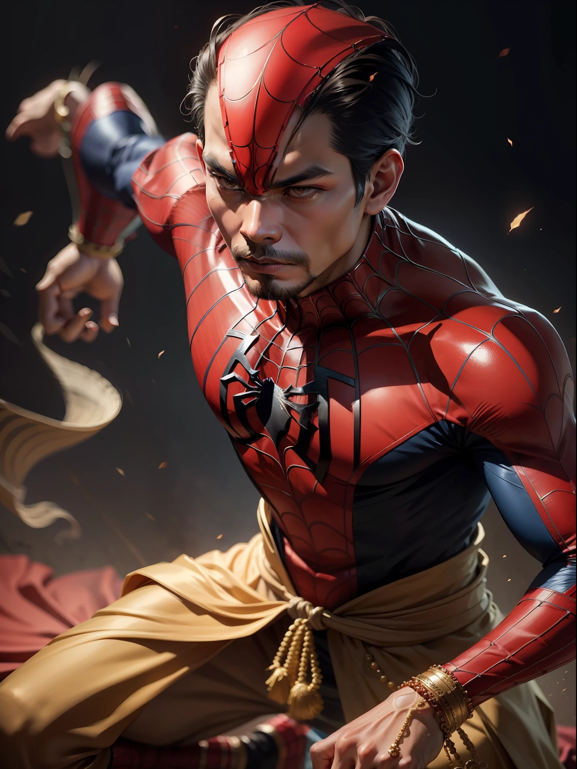 A Dramatic Spiderman as Javanese man who wearing traditional Javanese clothing, cinematic, extreem realistic, extreem detailed, extreem Sharp, middle close-up shot, full body shot