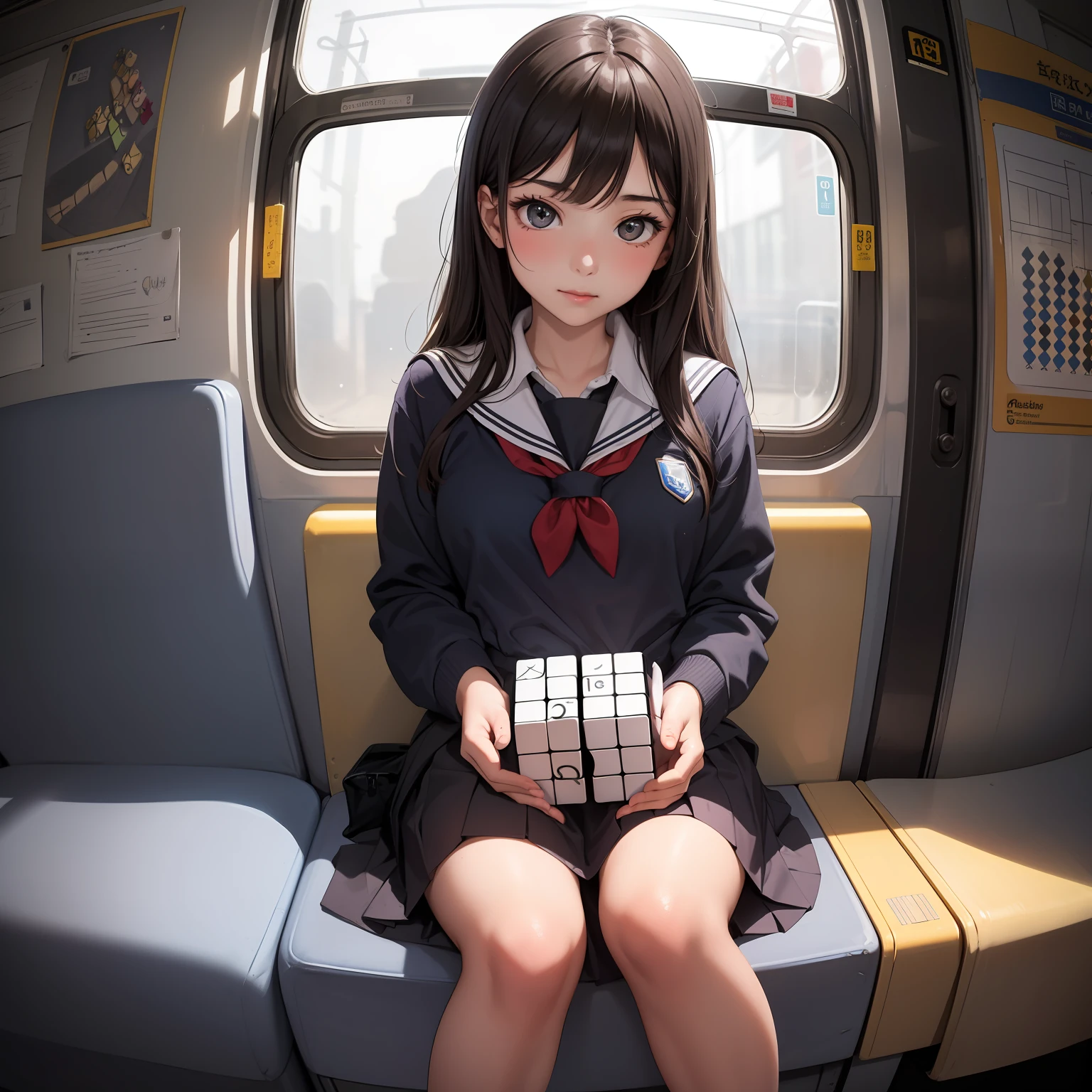 (masterpiece, best quality), amazing details, 1girl, 15yo schoolgirl, school uniform, (solving a Rubik's cube), closeup, sitting in a train, volumetric lighing, best shadows, fisheye, bright