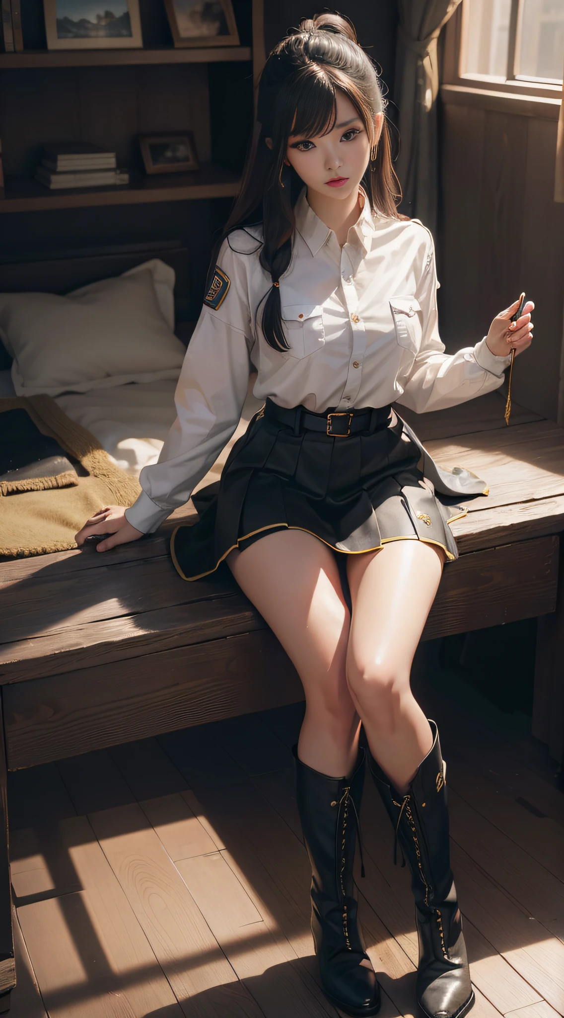 (Masterpiece:1.3),(Best quality:1.2),8K,absurderes,Unity 8k壁紙,(Extremely detailed:1.3),supreme,A high resolution,Amazing,illustration,Beautiful studio soft light,stunningly beautiful,unbelievable Ridiculous,vibrant detail,Cinematic lighting,Moody lighting,Pisif,Award-winning, professional, Highly detailed,Perfect detailed face,1girll,25 age old,Domestic anime,Company of male soldiers,Tianji Wang Hexi,Angel costumes,cabellos largos dorados,long-legged boots,short skirt,Large breasts,full bodyesbian:1.5,